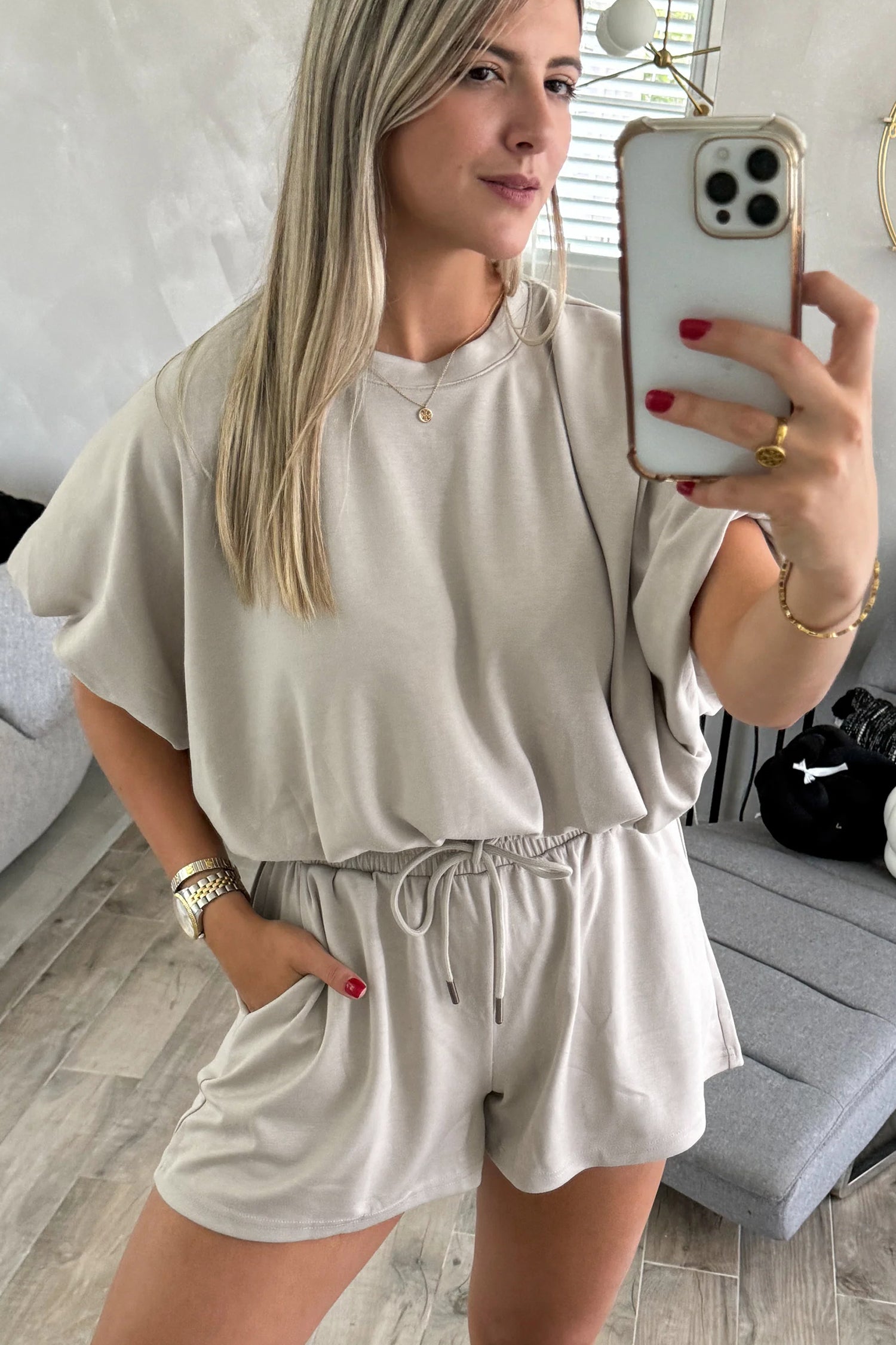 Smoke Gray Solid Color Puffy Loose Top Drawstring Shorts 2pcs Outfit-Two Piece Sets/Short Sets-[Adult]-[Female]-2022 Online Blue Zone Planet