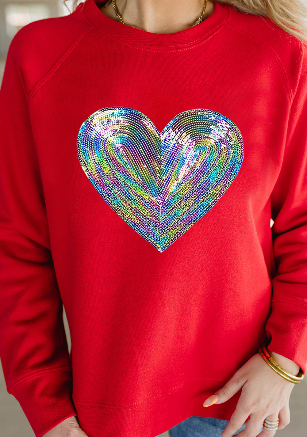 Blue Zone Planet | Red Bold Sequin Heart Crewneck Valentines Pullover Sweatshirt-Graphic Sweatshirts-[Adult]-[Female]-Red-S-2022 Online Blue Zone Planet