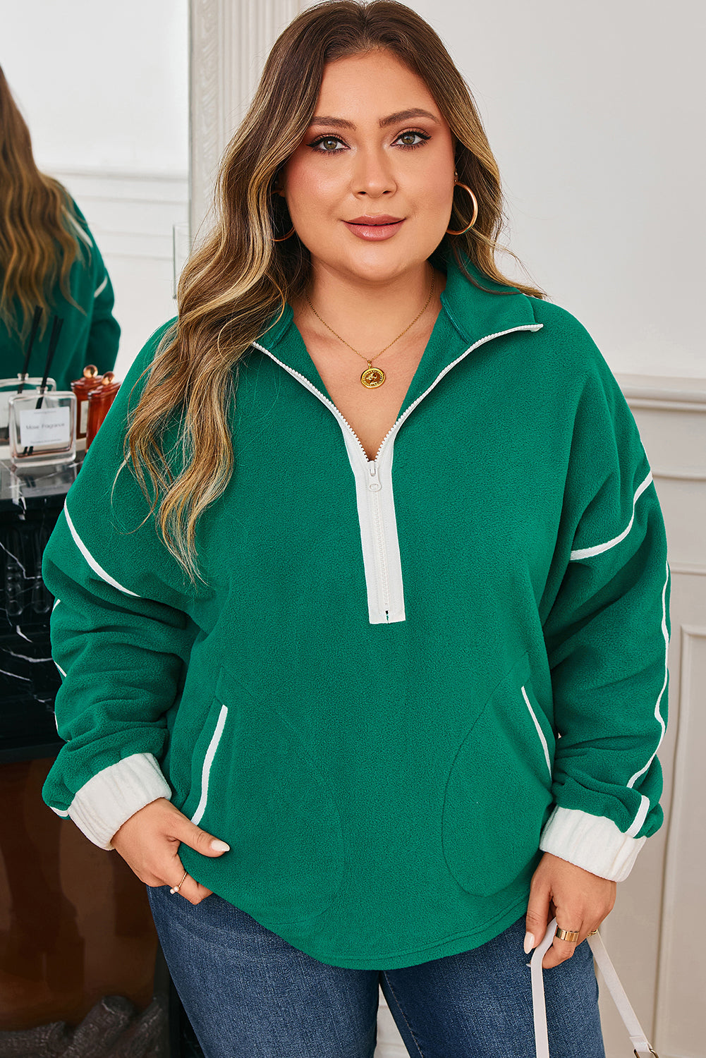 Dark Green Half Zip Contrast Trim Pocketed Plus Size Fleece Sweatshirt-Plus Size/Plus Size Sweatshirts & Hoodies-[Adult]-[Female]-2022 Online Blue Zone Planet