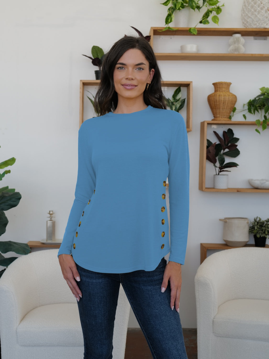 Round Neck Long Sleeve T-Shirt-TOPS / DRESSES-[Adult]-[Female]-Dusty Blue-S-2022 Online Blue Zone Planet