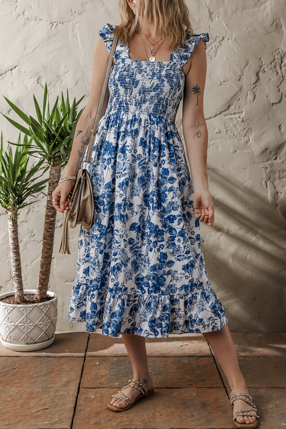 Blue Floral Ruffle Strap Square Neck Smocked Bodice Midi Dress-TOPS / DRESSES-[Adult]-[Female]-2022 Online Blue Zone Planet