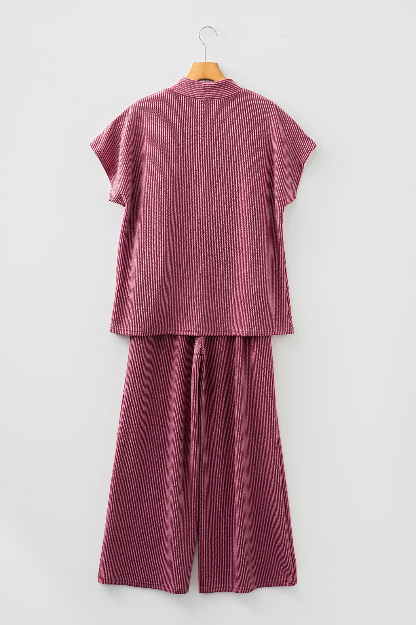 Burgundy Twisted Ribbed High Neck Loose Tee Elastic High Waist Loose Pant Set-Two Piece Sets/Pant Sets-[Adult]-[Female]-2022 Online Blue Zone Planet