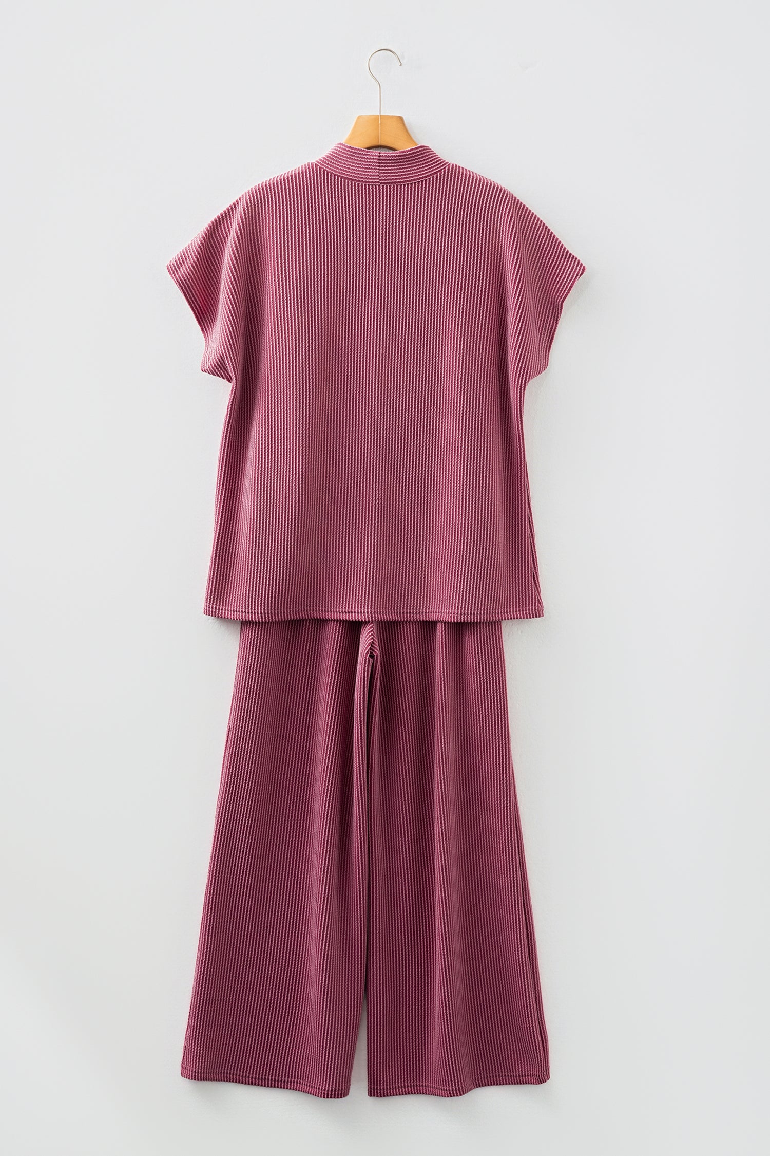 Burgundy Twisted Ribbed High Neck Loose Tee Elastic High Waist Loose Pant Set-Two Piece Sets/Pant Sets-[Adult]-[Female]-2022 Online Blue Zone Planet