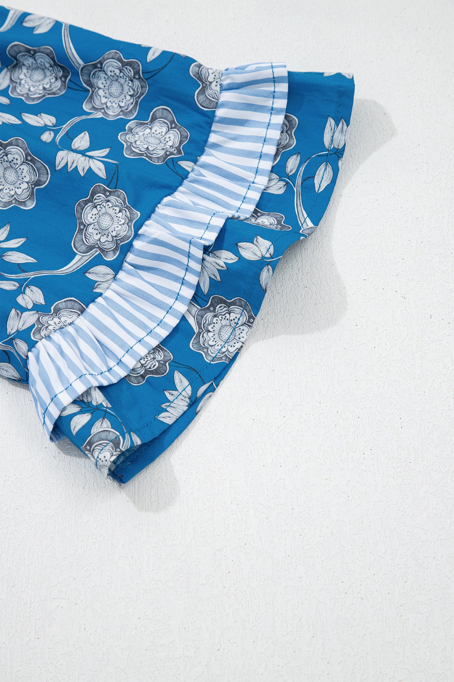 Blue Floral Print Button Tie Neck Striped Detail Short Sleeve Blouse-Tops/Blouses & Shirts-[Adult]-[Female]-2022 Online Blue Zone Planet