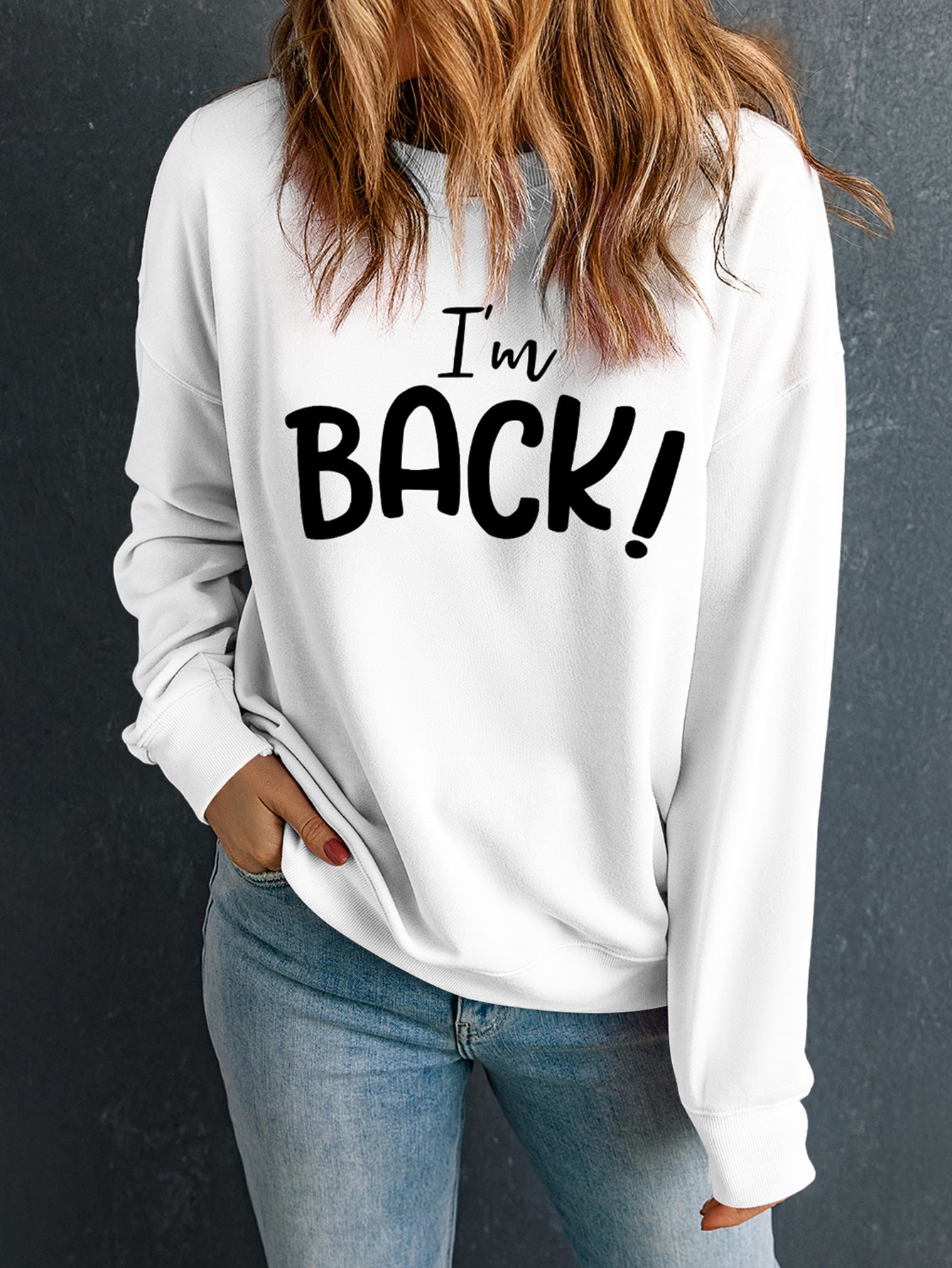 I'M BACK Round Neck Dropped Shoulder Sweatshirt-TOPS / DRESSES-[Adult]-[Female]-Black-S-2022 Online Blue Zone Planet