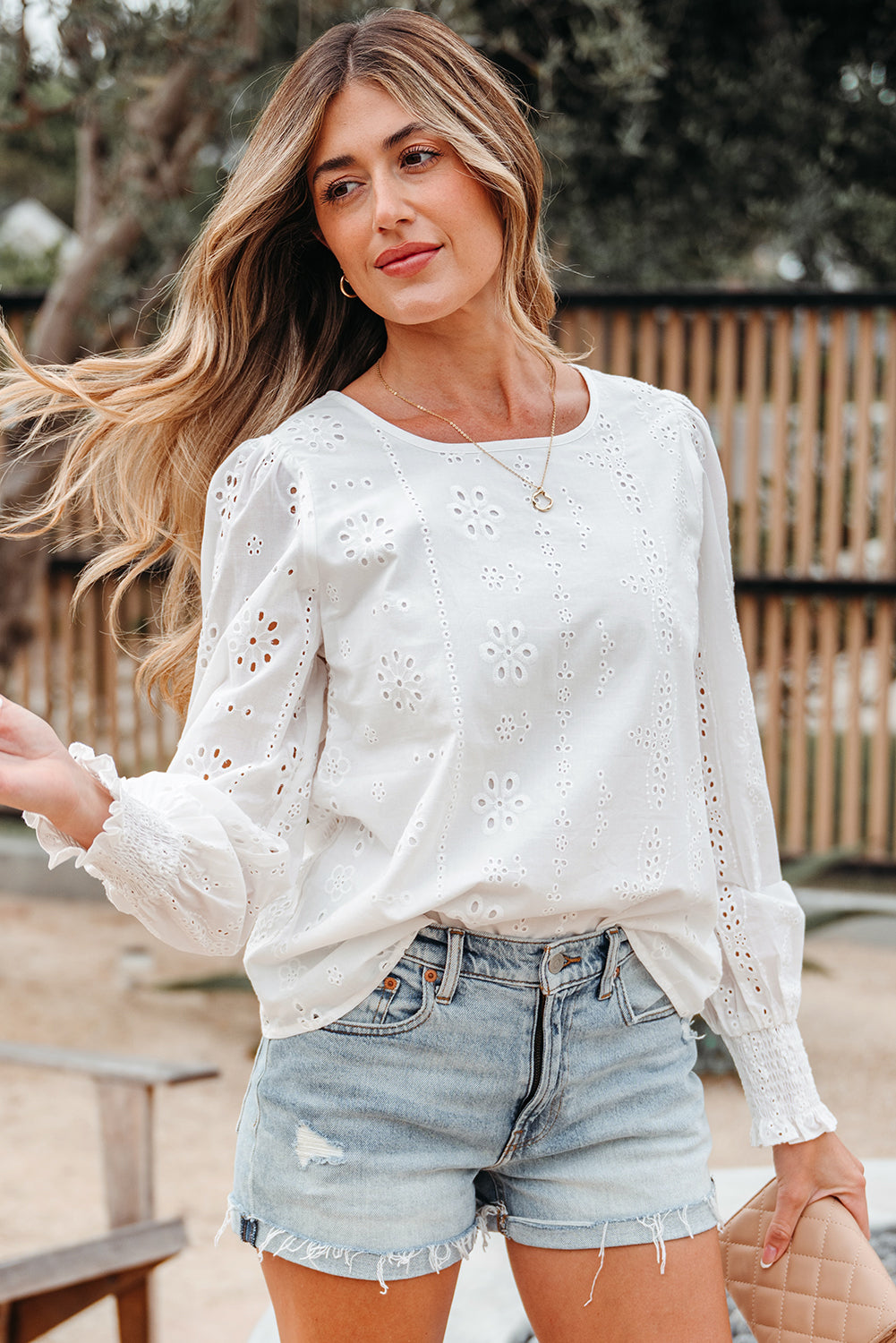 White Eyelet Embroidered Smocked Cuff Sheer Blouse-Tops/Blouses & Shirts-[Adult]-[Female]-2022 Online Blue Zone Planet
