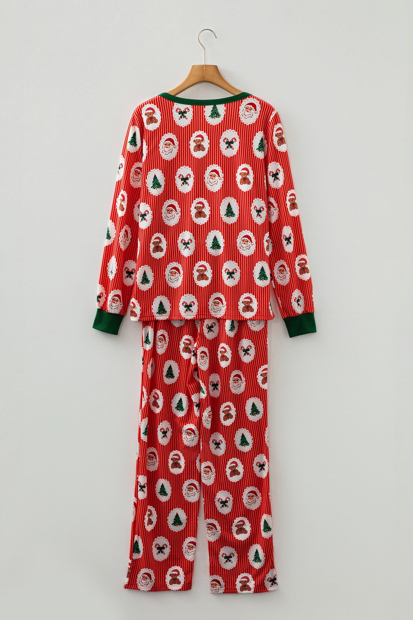 Red Stripe Christmas Fashion Print Henley V Neck Pullover and Jogger Pants 2 Piece Lounge Set-Loungewear & Sleepwear/Loungewear-[Adult]-[Female]-2022 Online Blue Zone Planet