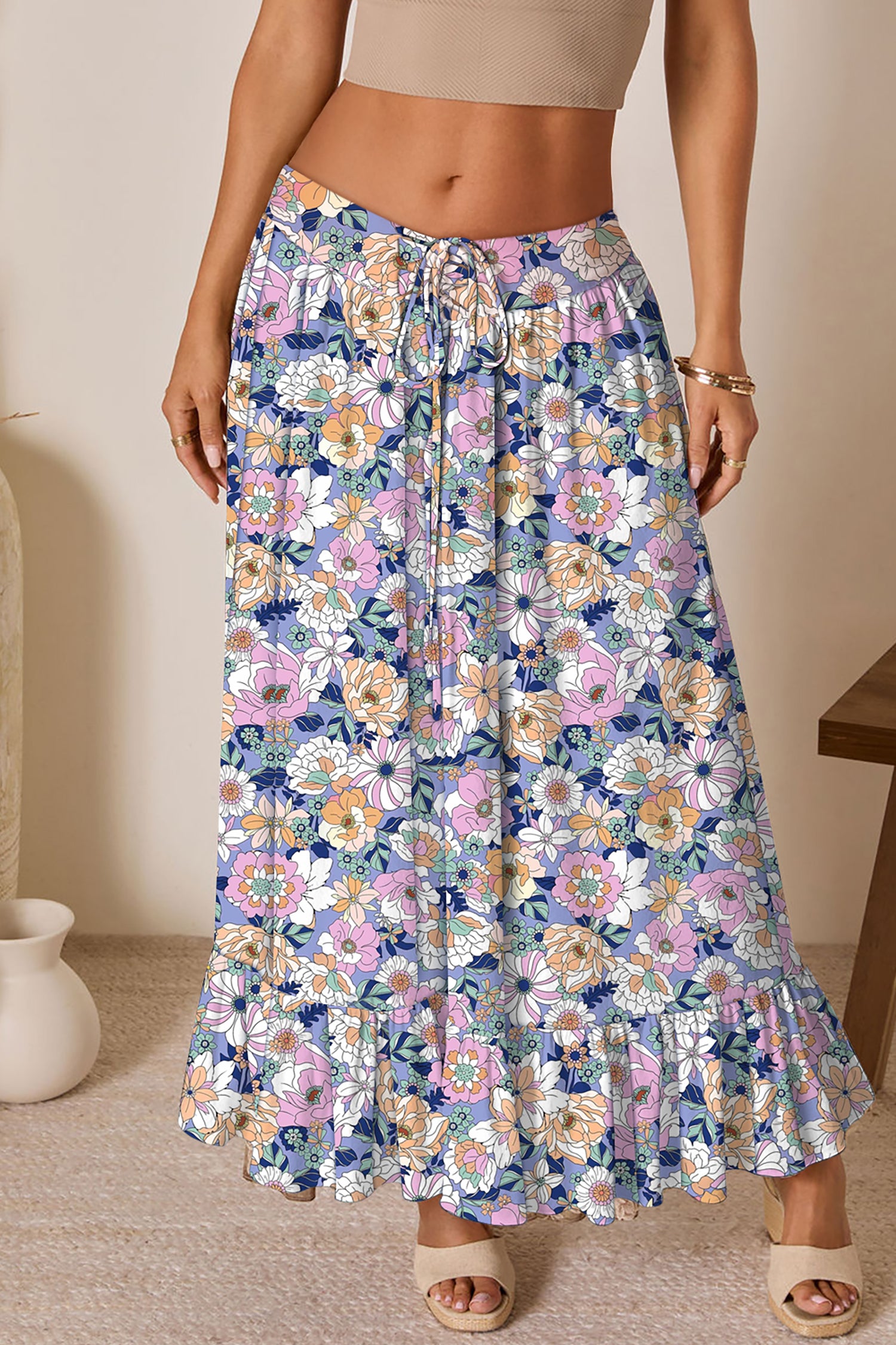 Pink Floral Print Lace-up High Waist Ruffle Hem Maxi Skirt-Bottoms/Skirts & Petticoat-[Adult]-[Female]-Pink-S-2022 Online Blue Zone Planet