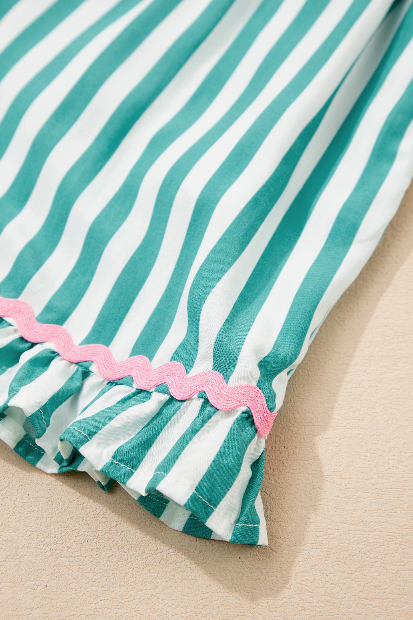 Green Stripe Contrast Ricrac Trim Long Sleeve Shirt Drawstring Ruffled Pajama Short Set-Loungewear & Sleepwear/Sleepwear-[Adult]-[Female]-2022 Online Blue Zone Planet