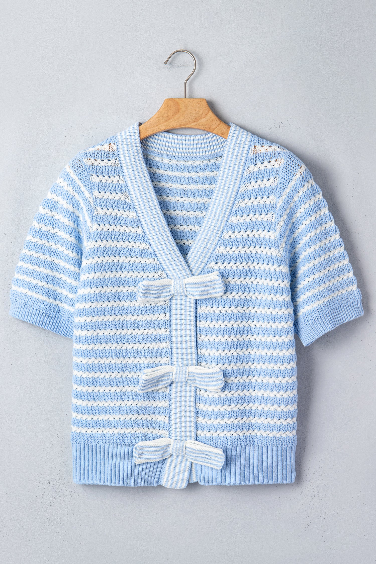 Sky Blue Stripe Short Sleeve Knit V Neck Bow Knot Sweater-TOPS / DRESSES-[Adult]-[Female]-2022 Online Blue Zone Planet