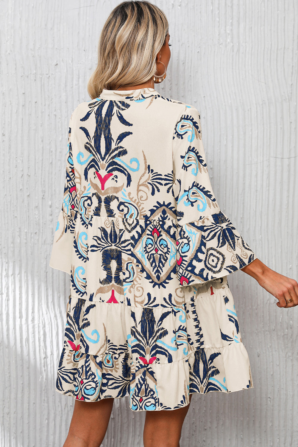 Blue Zone Planet | White Printed Tribal Print Bracelet Sleeve Buttoned Mini Dress-Bracelet-[Adult]-[Female]-2022 Online Blue Zone Planet
