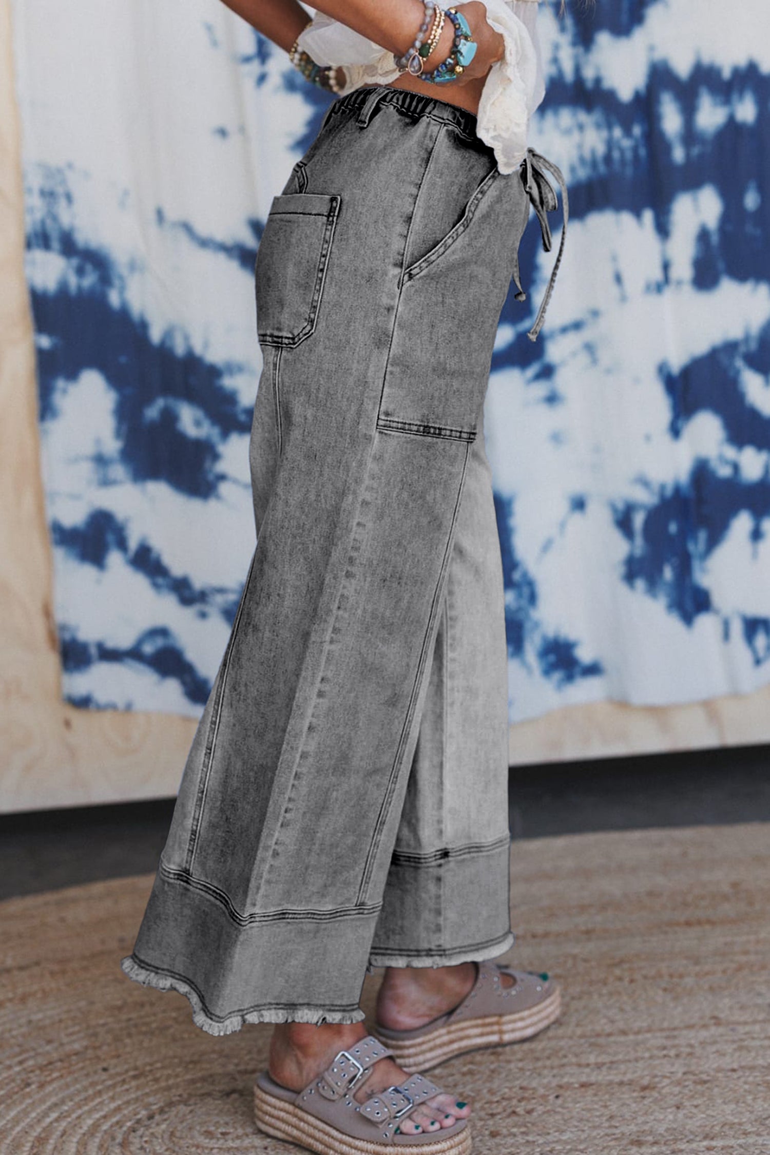 Gray Drawstring Seam Detail Raw Hem Wide Leg Denim Pants-Bottoms/Jeans-[Adult]-[Female]-2022 Online Blue Zone Planet