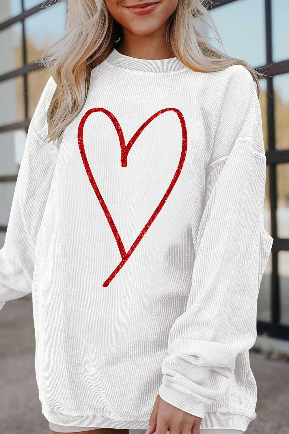 White Glitter Heart Print Corded Graphic Pullover Sweatshirt-Graphic Sweatshirts-[Adult]-[Female]-2022 Online Blue Zone Planet