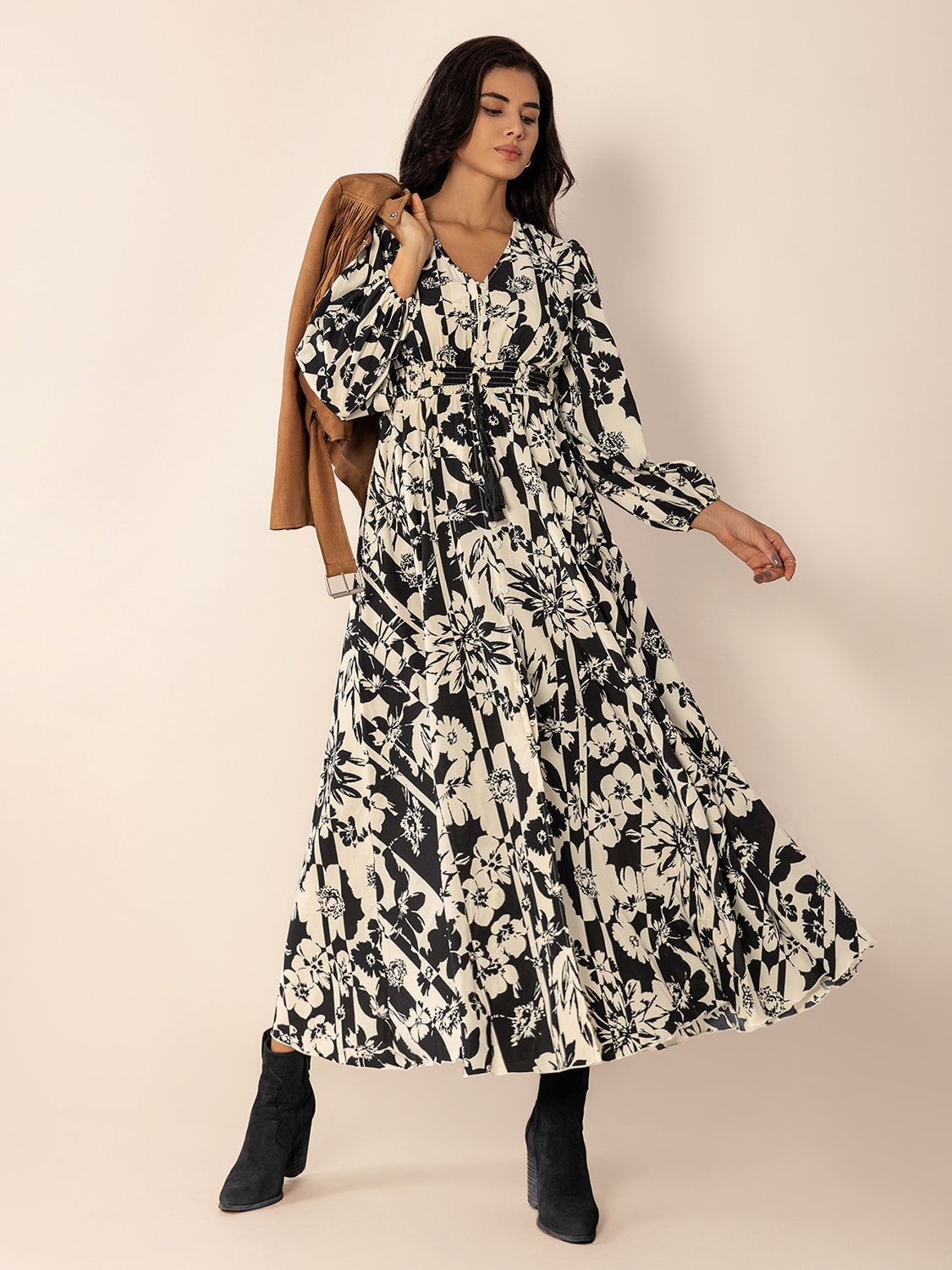 Tied Printed V-Neck Long Sleeve Midi Dress-TOPS / DRESSES-[Adult]-[Female]-2022 Online Blue Zone Planet