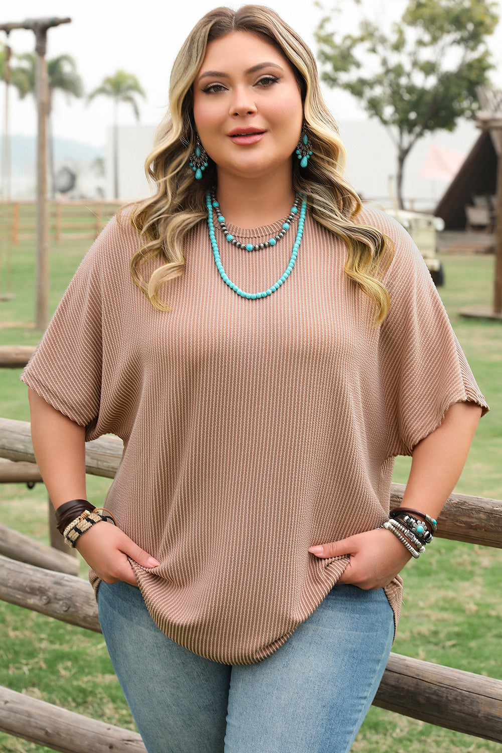 Smoke Gray Ribbed Striped Crew Neck Plus Size Knit T Shirt-Plus Size/Plus Size Tops/Plus Size Tops & Tees-[Adult]-[Female]-2022 Online Blue Zone Planet