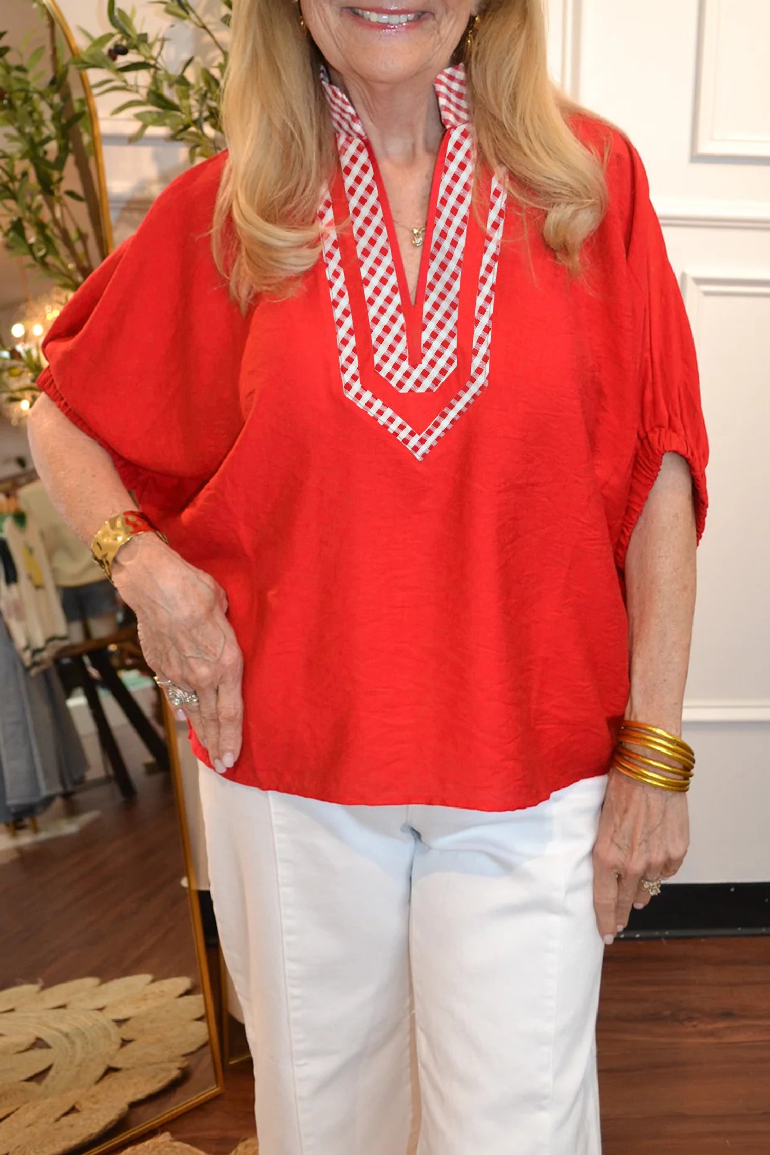 Red V Neck Plaid Collar Short Sleeve Tunic Blouse-Tops/Blouses & Shirts-[Adult]-[Female]-2022 Online Blue Zone Planet