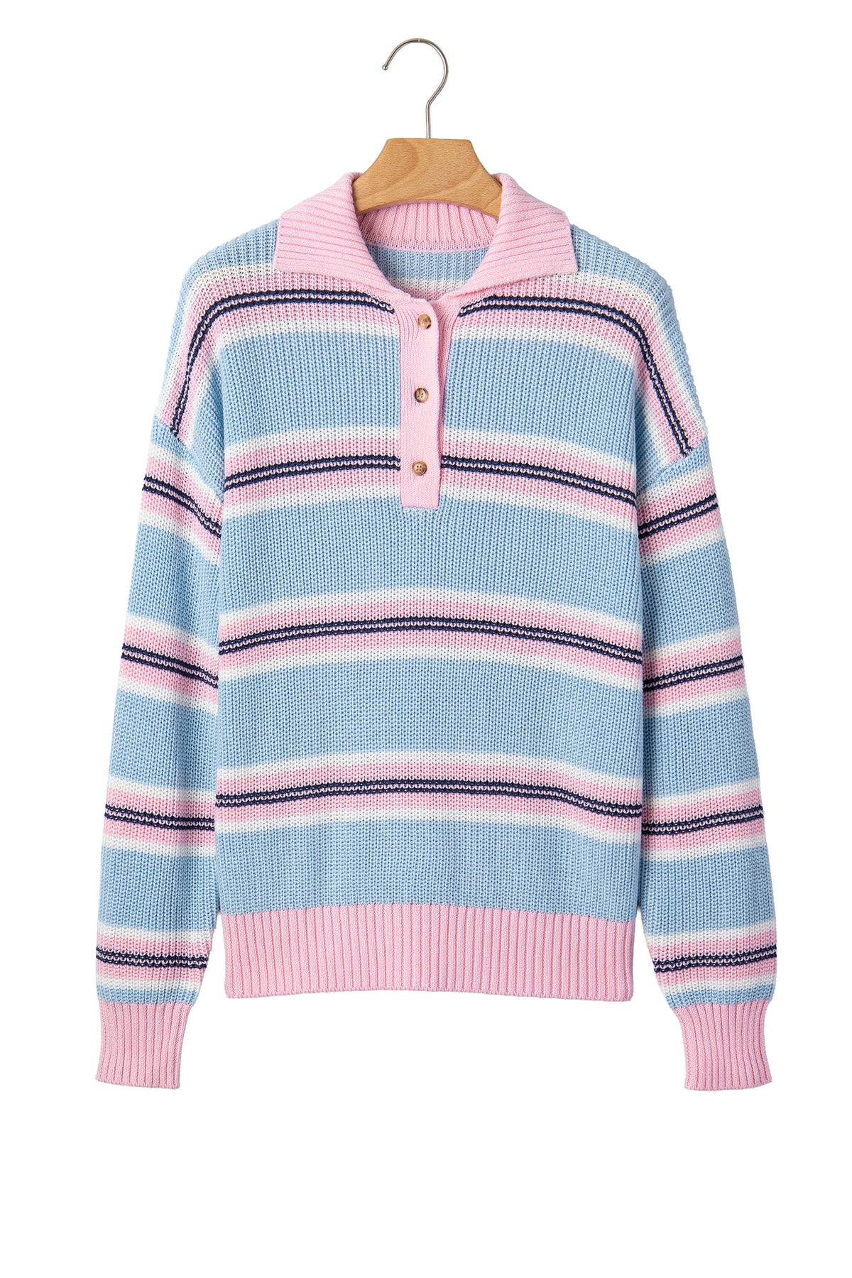 Sky Blue Stripe Striped Button Collar Long Sleeve Shift Fit Winter Knitwear Sweater-TOPS / DRESSES-[Adult]-[Female]-2022 Online Blue Zone Planet