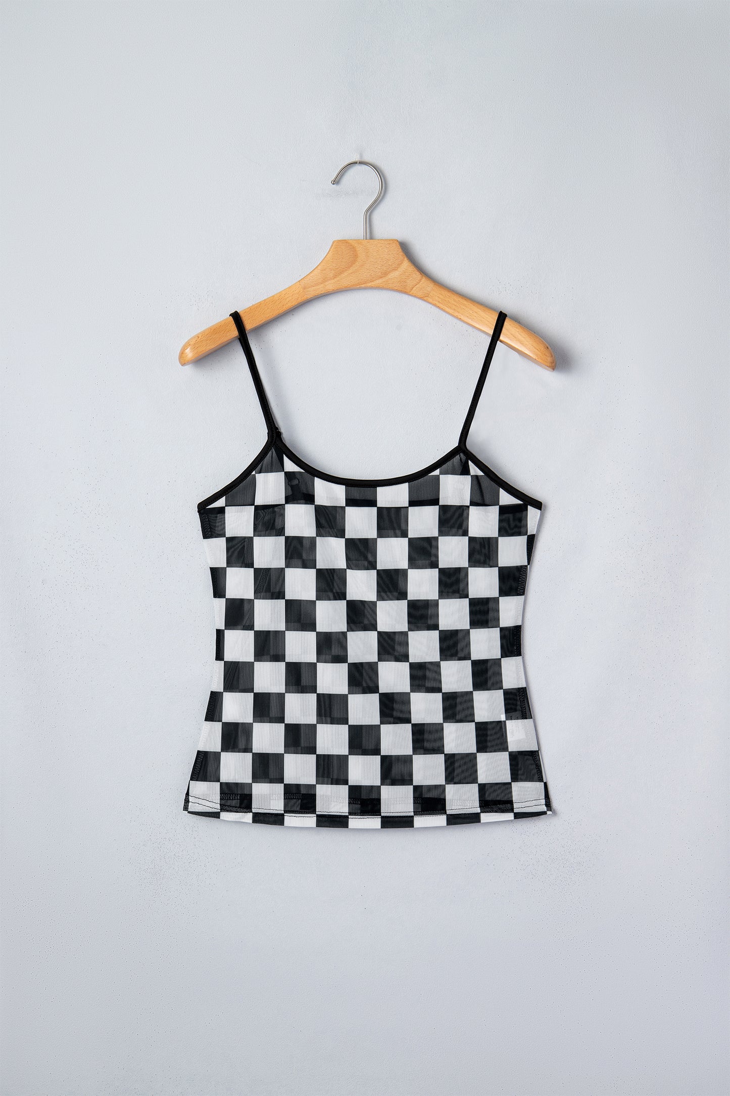 Black Sheer Checkered Print Spaghetti Straps Slim Tank Top-Tops/Tank Tops-[Adult]-[Female]-2022 Online Blue Zone Planet