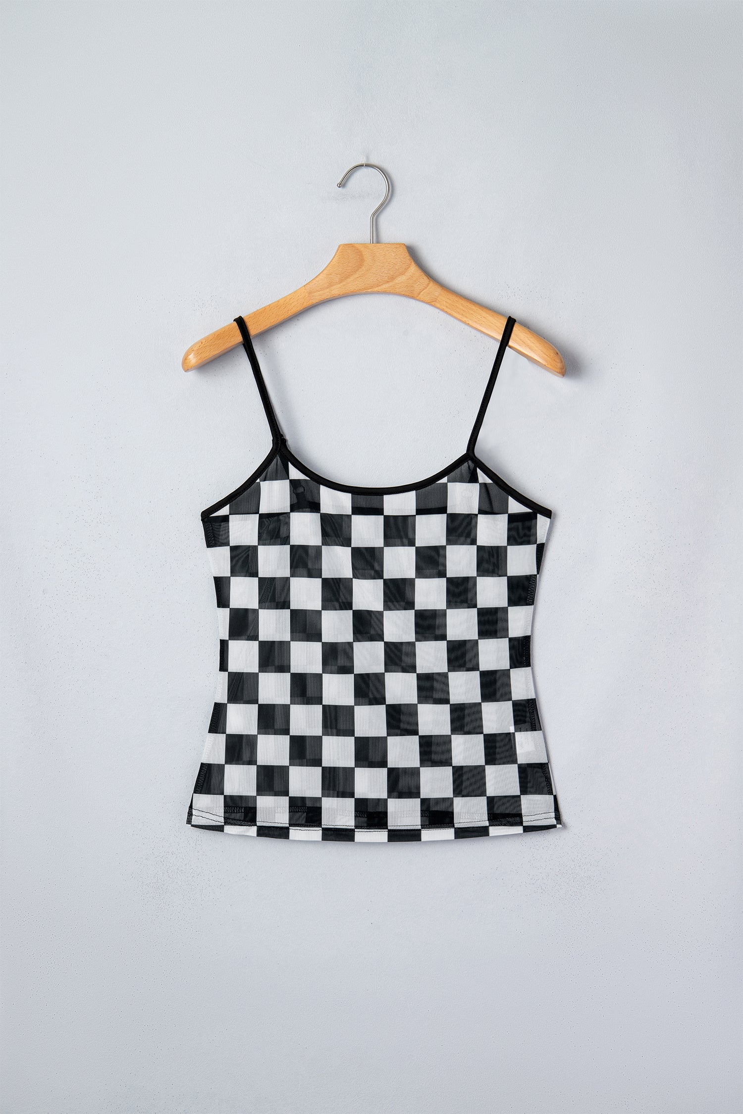 Black Sheer Checkered Print Spaghetti Straps Slim Tank Top-Tops/Tank Tops-[Adult]-[Female]-2022 Online Blue Zone Planet