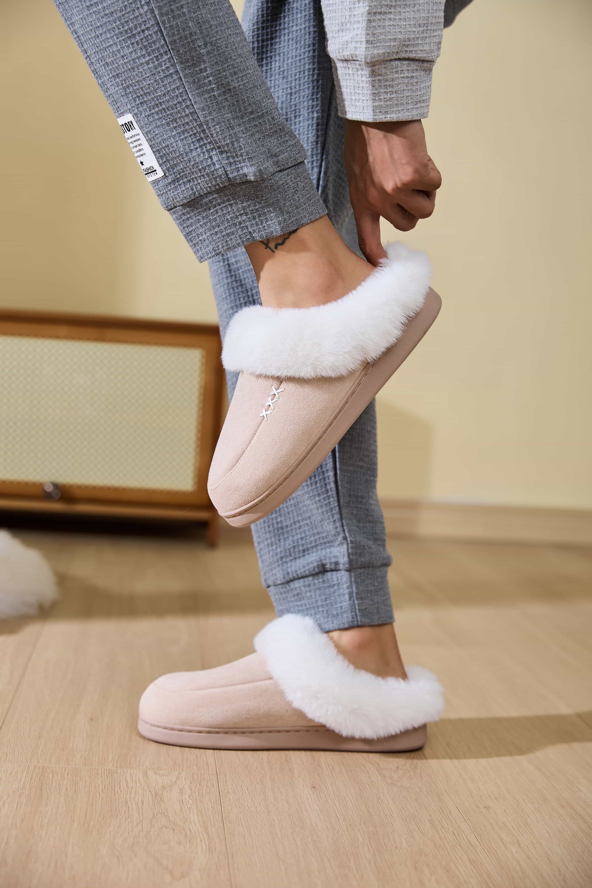 Fluff Trim Round Toe Flat Slippers-SLIPPERS-[Adult]-[Female]-2022 Online Blue Zone Planet