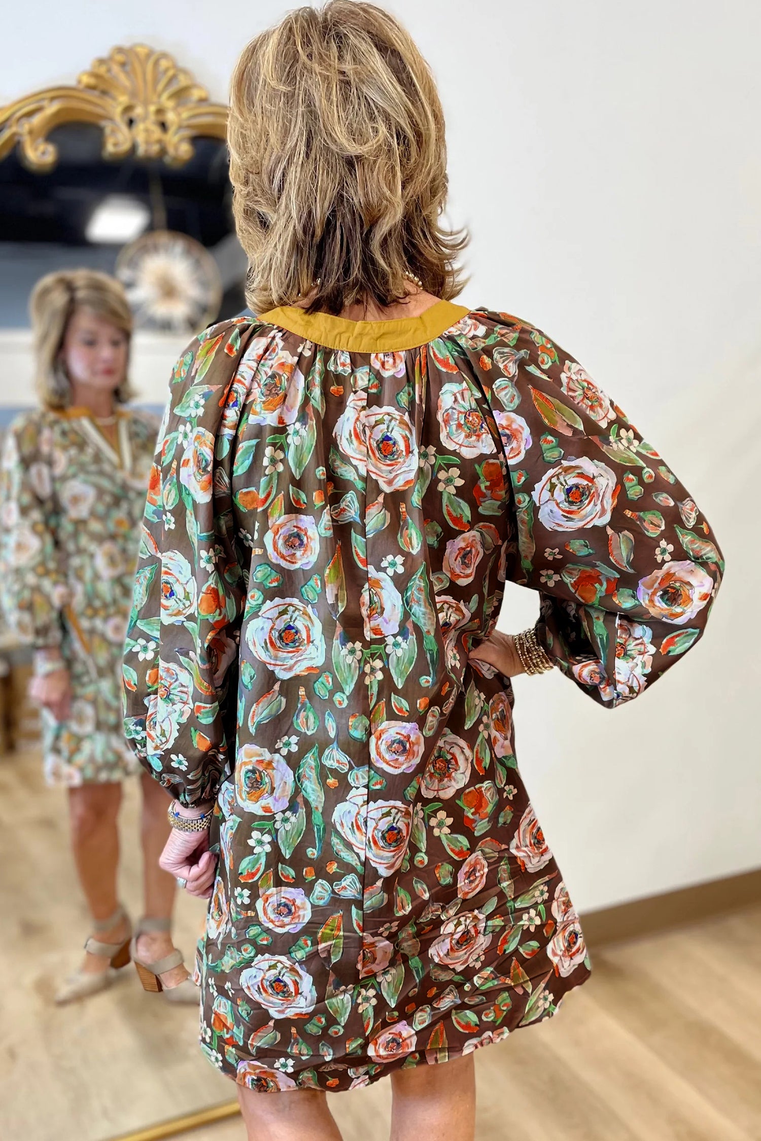 Brown Floral Print Contrast Trim V Neck Pocketed Long Sleeve Mini Dress Brown / M / 100%Cotton by Blue Zone Planet Brown Floral Print Contrast Trim V Neck Pocketed Long Sleeve Mini Dress Brown / M / 100%Cotton by Blue Zone Planet
