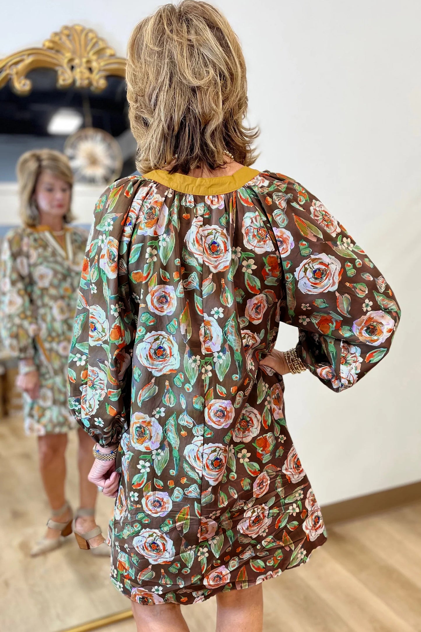 Brown Floral Print Contrast Trim V Neck Pocketed Long Sleeve Mini Dress-TOPS / DRESSES-[Adult]-[Female]-2022 Online Blue Zone Planet