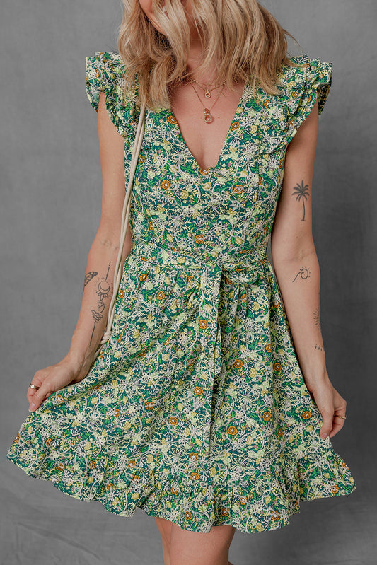Green Flower Print Flutter Sleeve V Neck Sashed Ruffled Mini Dress-TOPS / DRESSES-[Adult]-[Female]-Green-S-2022 Online Blue Zone Planet
