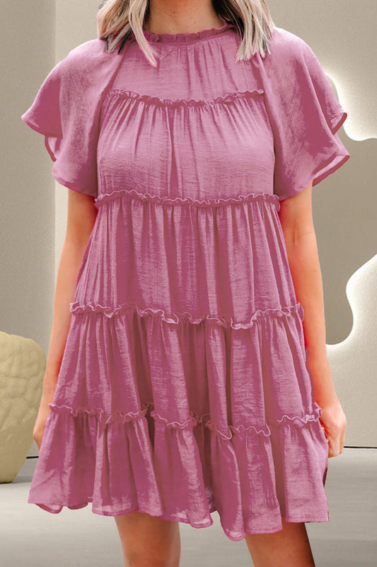 Frill Round Neck Short Sleeve Mini Dress-TOPS / DRESSES-[Adult]-[Female]-Dusty Pink-S-2022 Online Blue Zone Planet