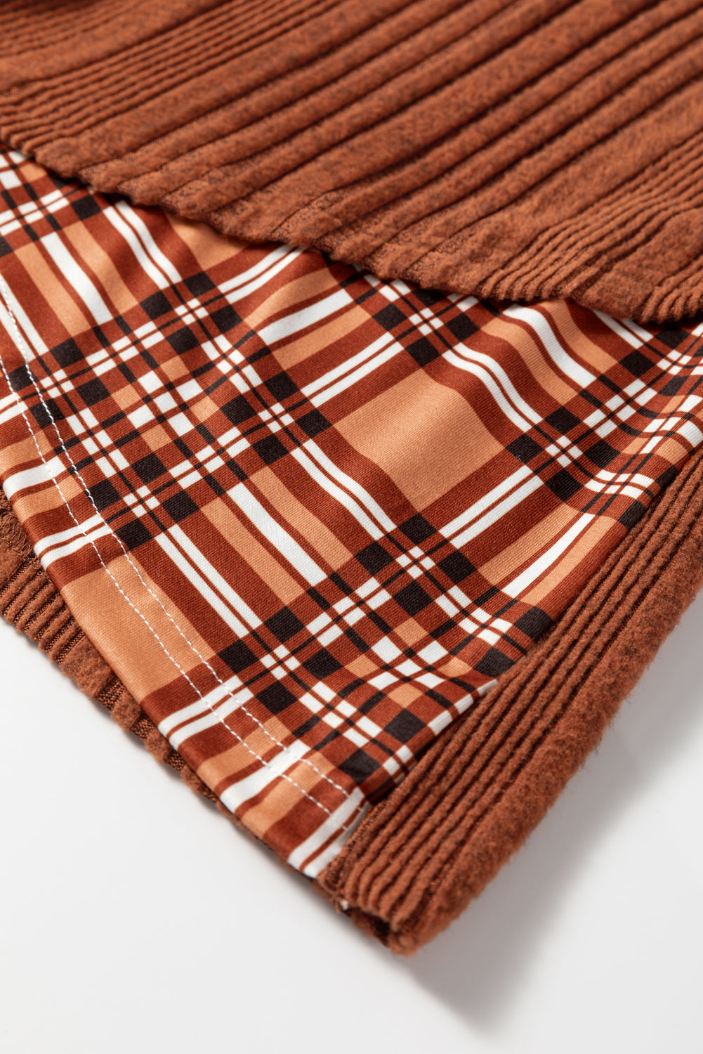 Chestnut Plaid Patchwork Ribbed Knit Drawstring Hooded Top-Tops / Dresses-[Adult]-[Female]-2022 Online Blue Zone Planet