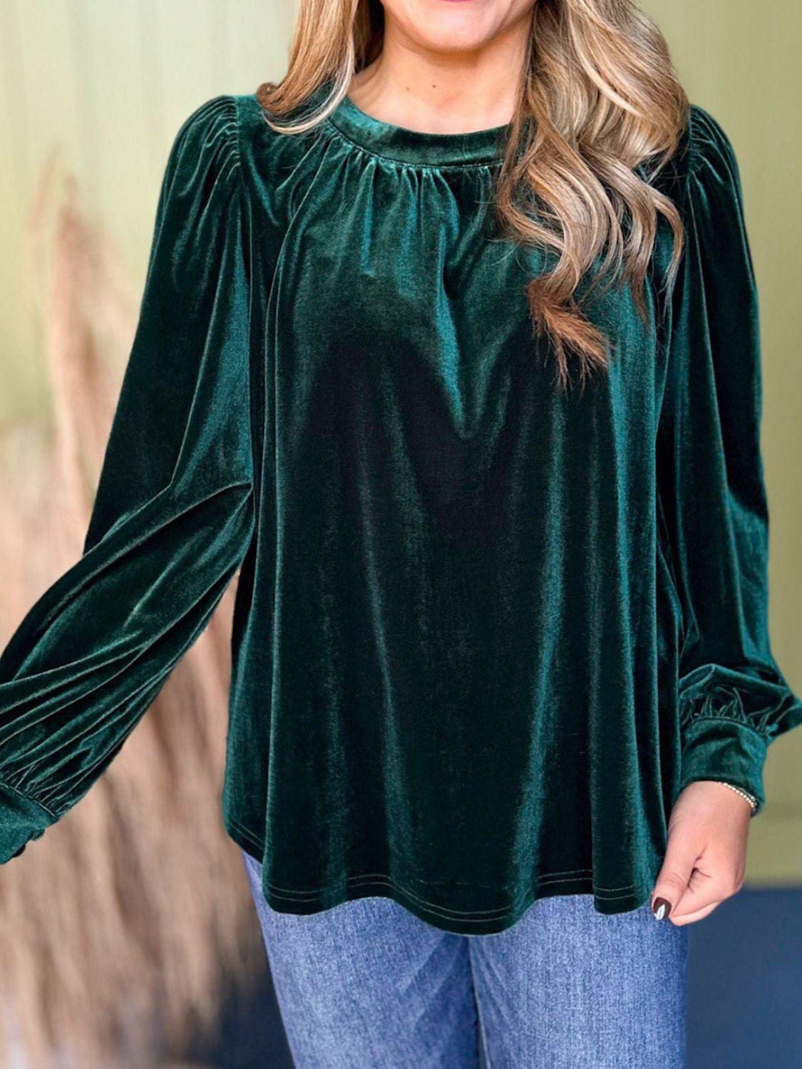 Ruched Round Neck Long Sleeve Blouse-TOPS / DRESSES-[Adult]-[Female]-Dark Green-S-2022 Online Blue Zone Planet