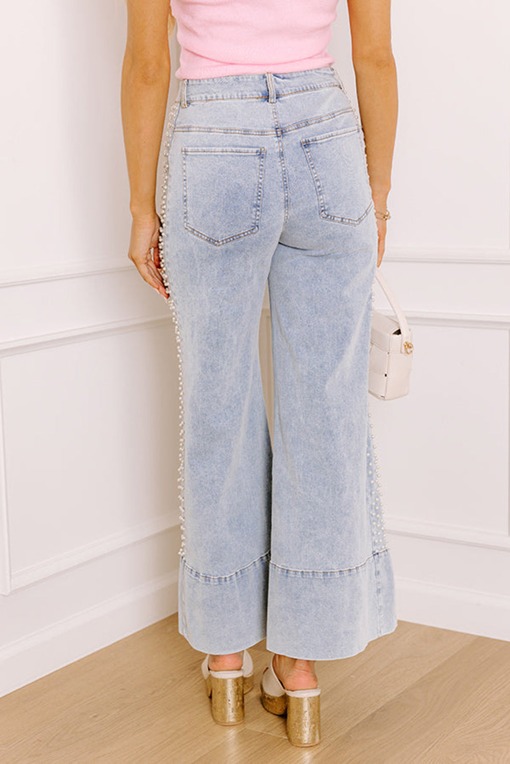 Beau Blue Mid Rise Pearl Embellished Split Wide Leg Jeans-Bottoms/Jeans-[Adult]-[Female]-2022 Online Blue Zone Planet