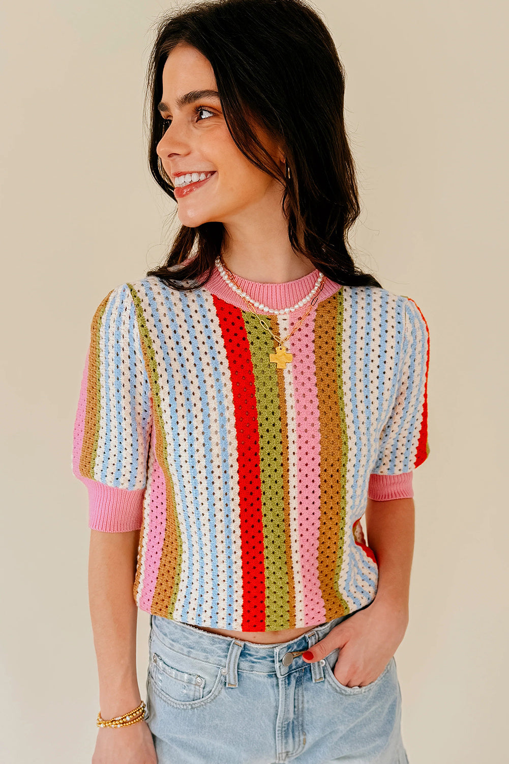 Multicolour Striped Pointelle Knit Short Sleeve Sweater-Sweaters & Cardigans/Short Sleeve Sweaters-[Adult]-[Female]-2022 Online Blue Zone Planet