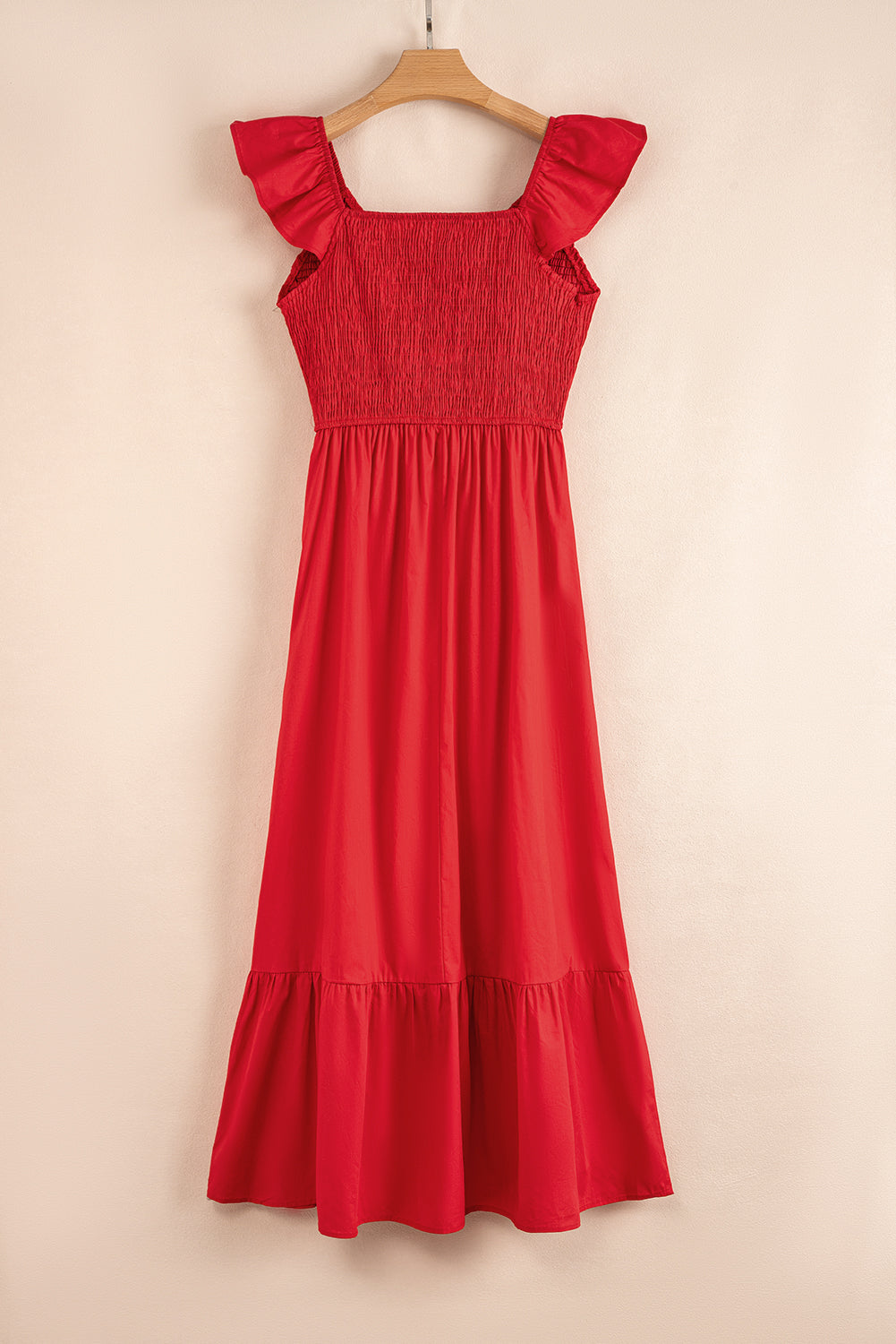 Fiery Red V Neck Flutter Sleeve Smocked Bodice High Waist Ruffle Maxi Dress-TOPS / DRESSES-[Adult]-[Female]-2022 Online Blue Zone Planet
