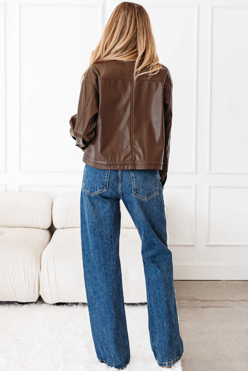 Chicory Coffee Double Flap Pocket Drawstring Hem Leather Jacket-Outerwear/Jackets-[Adult]-[Female]-2022 Online Blue Zone Planet