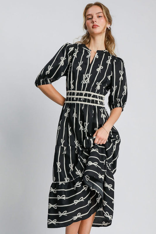 Umgee Bow Tie Print Notched Contrast Velvet Trim Midi Dress-TOPS / DRESSES-[Adult]-[Female]-Black-S-2022 Online Blue Zone Planet