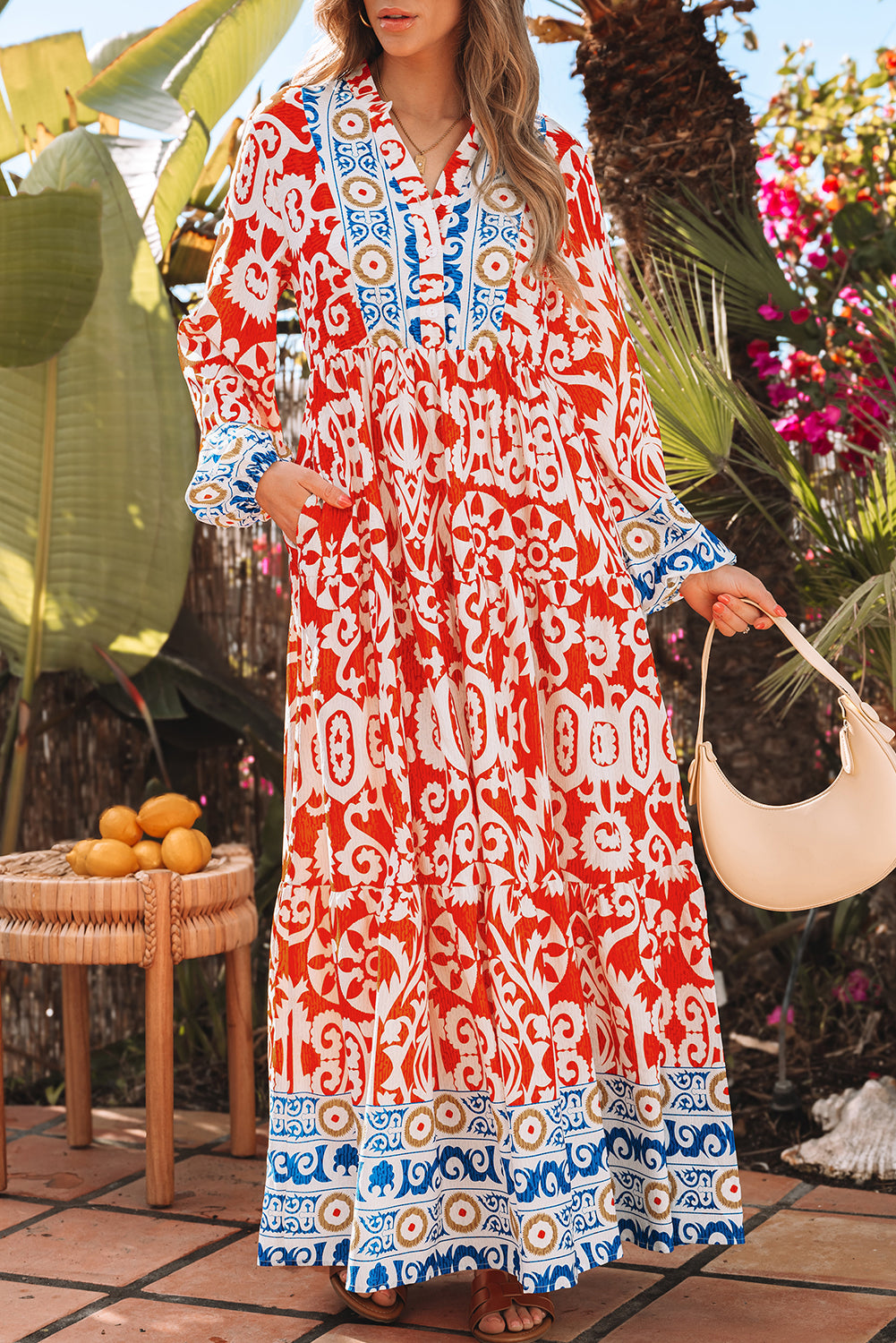 Blue Zone Planet | Orange Boho Geometric Printed Long Sleeve Maxi Dress-TOPS / DRESSES-[Adult]-[Female]-2022 Online Blue Zone Planet