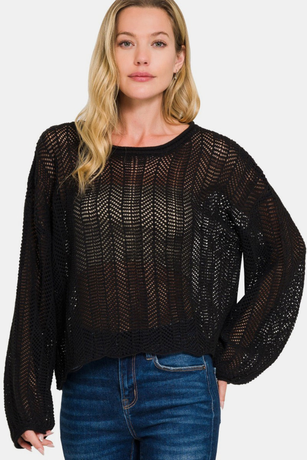 Zenana Hollow Out Long Sleeve Knit Cover Up-TOPS / DRESSES-[Adult]-[Female]-Black-S-2022 Online Blue Zone Planet