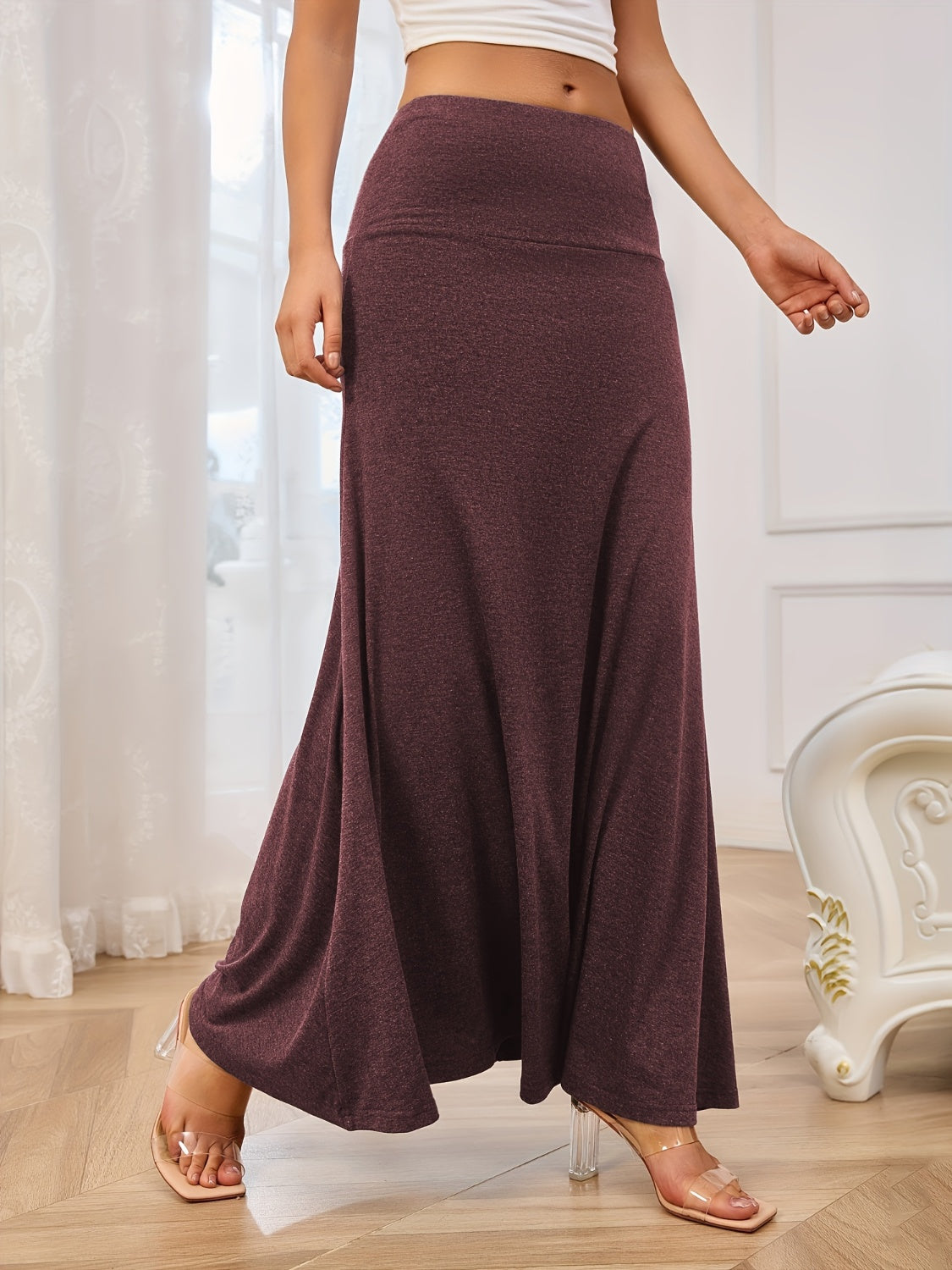 Solid Elastic Waist Maxi Skirt-BOTTOMS SIZES SMALL MEDIUM LARGE-[Adult]-[Female]-Burgundy-S-2022 Online Blue Zone Planet