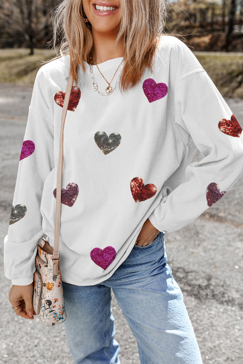 White Valentines Heart Patched Pattern Corded Pullover Sweatshirt-Graphic Sweatshirts-[Adult]-[Female]-2022 Online Blue Zone Planet