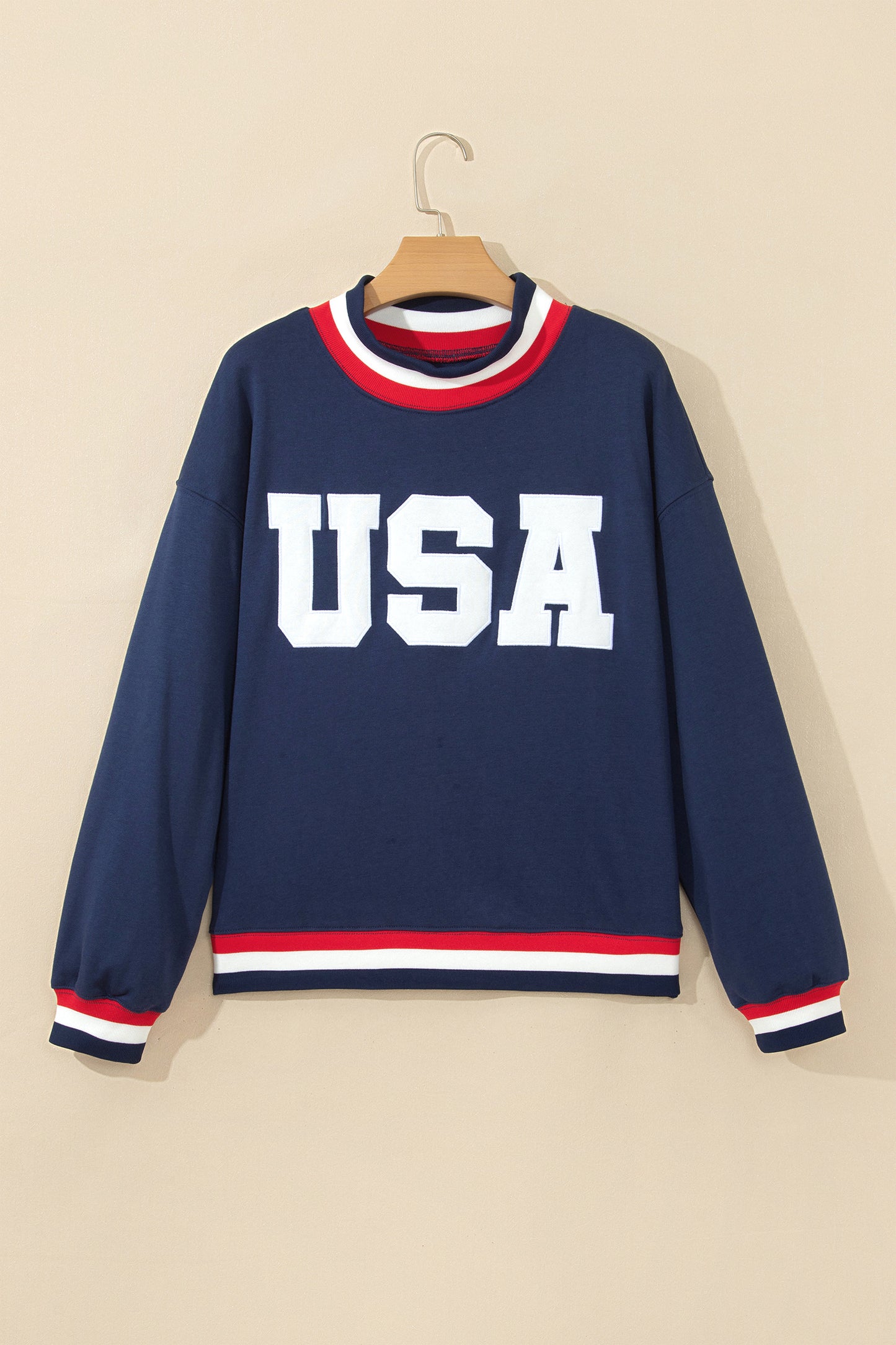 Dirty blue USA Slogan Patch Embroidery Colorblock High Neck Long Sleeve Sweatshirt-Tops/Sweatshirts & Hoodies-[Adult]-[Female]-2022 Online Blue Zone Planet