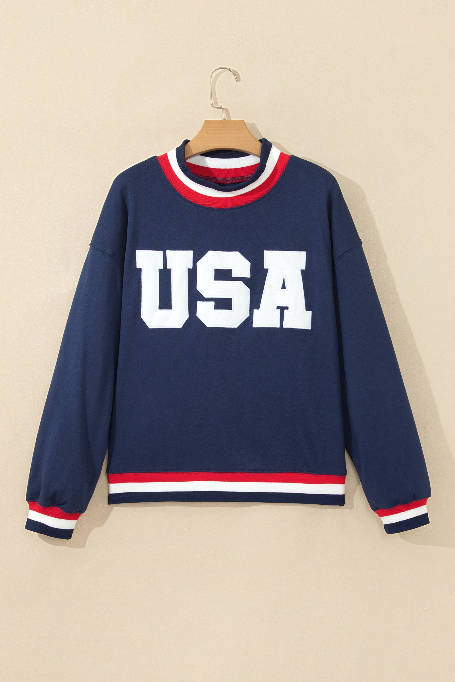 Dirty blue USA Slogan Patch Embroidery Colorblock High Neck Long Sleeve Sweatshirt-Tops/Sweatshirts & Hoodies-[Adult]-[Female]-2022 Online Blue Zone Planet