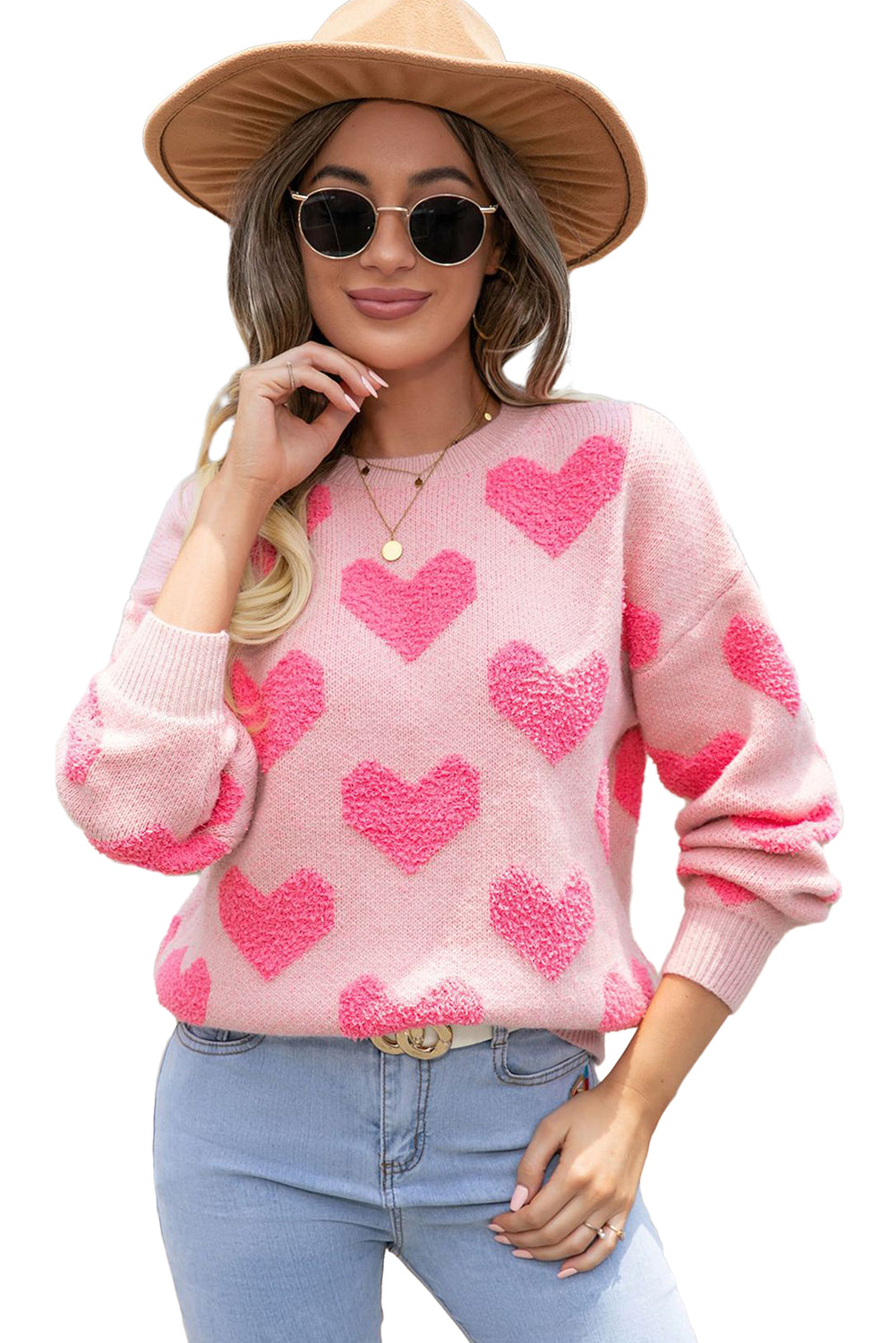 Blue Zone Planet | Light Pink Valentines Day Heart Jacquard Knit Sweater-Sweaters-[Adult]-[Female]-2022 Online Blue Zone Planet