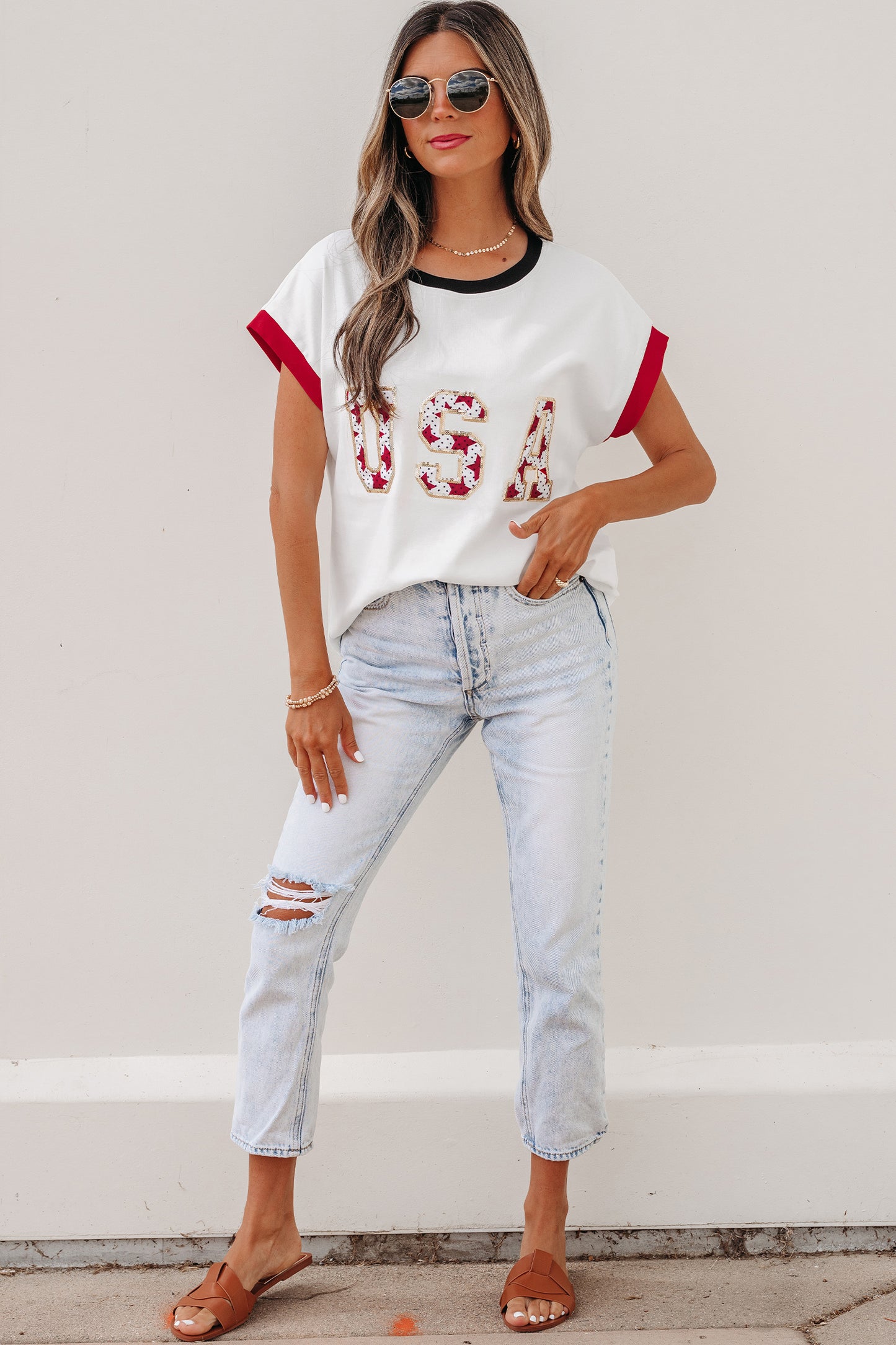 White Usa Sequin Color Block Trim Loose T Shirt-Tops/Tops & Tees-[Adult]-[Female]-2022 Online Blue Zone Planet