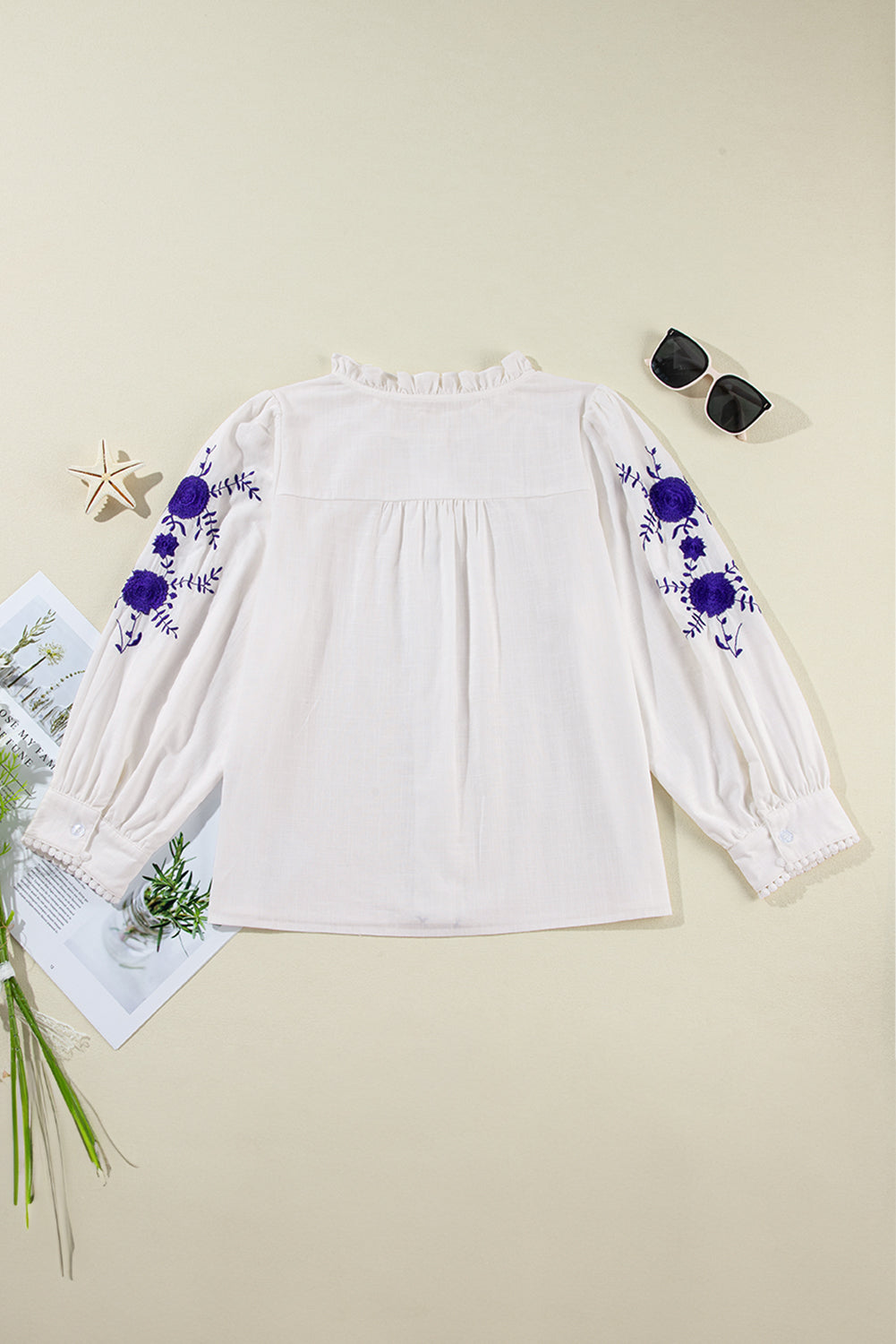 White Floral Embroidered Bracelet Sleeve Shirt-Tops/Blouses & Shirts-[Adult]-[Female]-2022 Online Blue Zone Planet