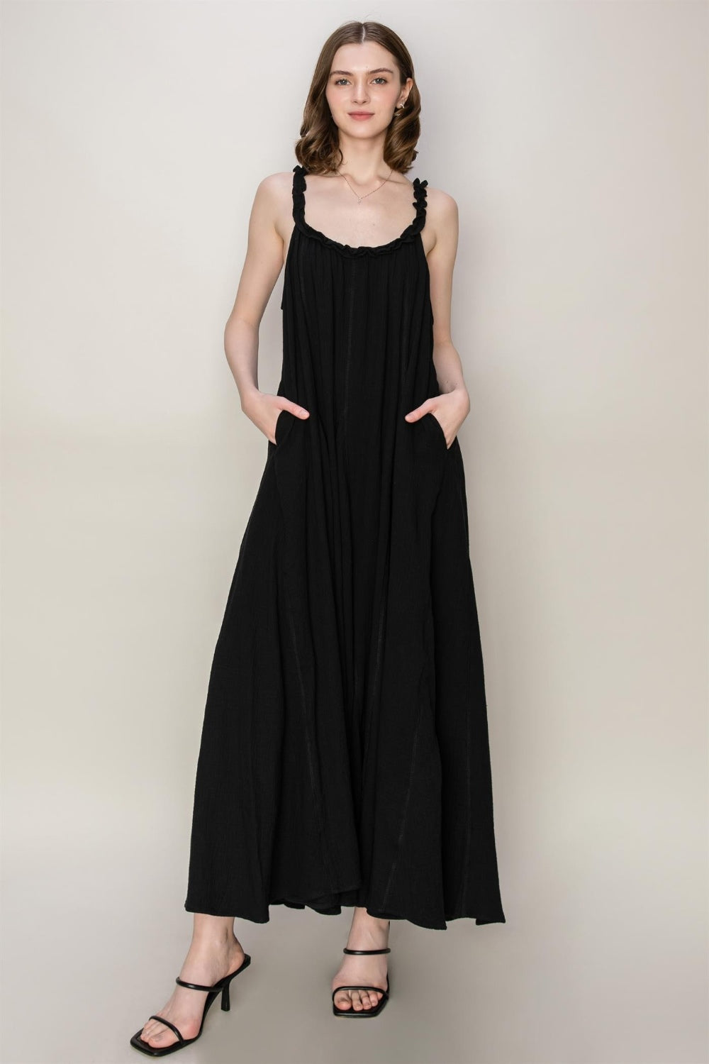 HYFVE Frill Sleeveless A-Line Maxi Dress-[Adult]-[Female]-Black-S-2022 Online Blue Zone Planet