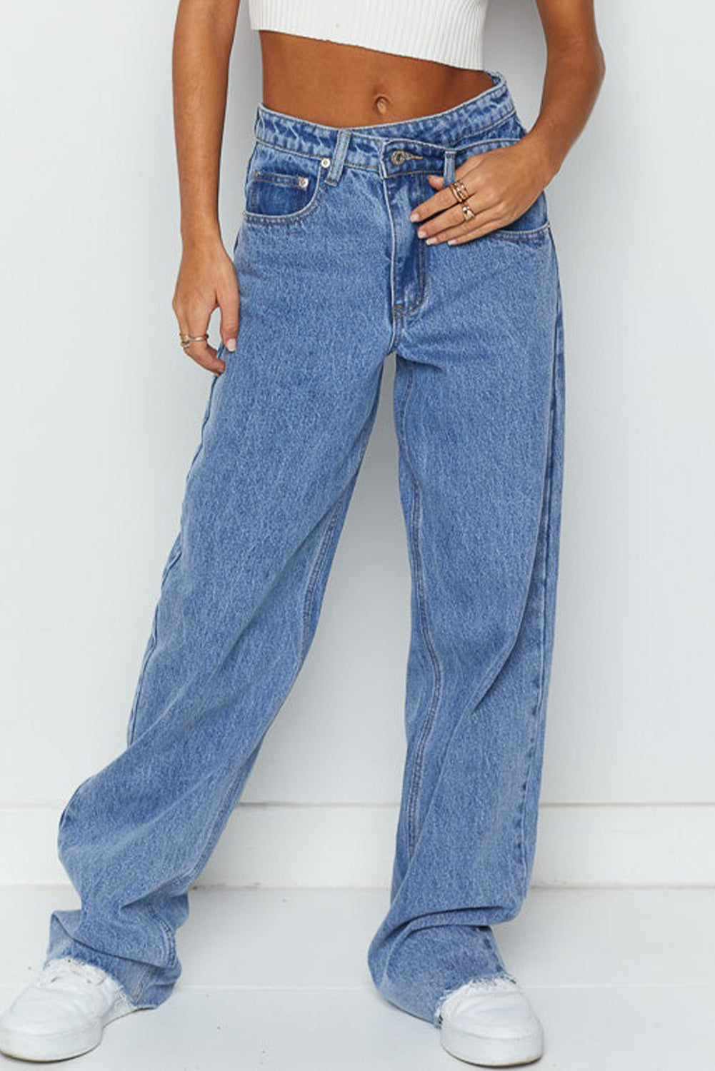 Blue Mid Rise Asymmetrical Waist Wide Leg Jeans-Bottoms/Jeans-[Adult]-[Female]-2022 Online Blue Zone Planet
