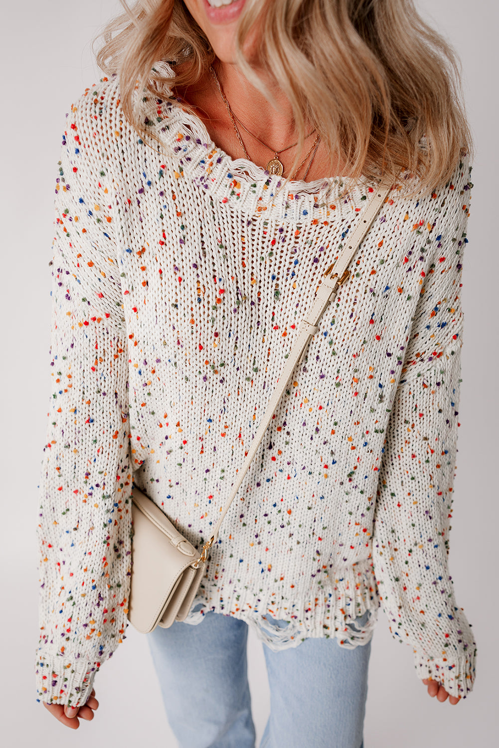 White Colorful Confetti Distressed Knit Sweater-Sweaters & Cardigans/Sweaters-[Adult]-[Female]-2022 Online Blue Zone Planet