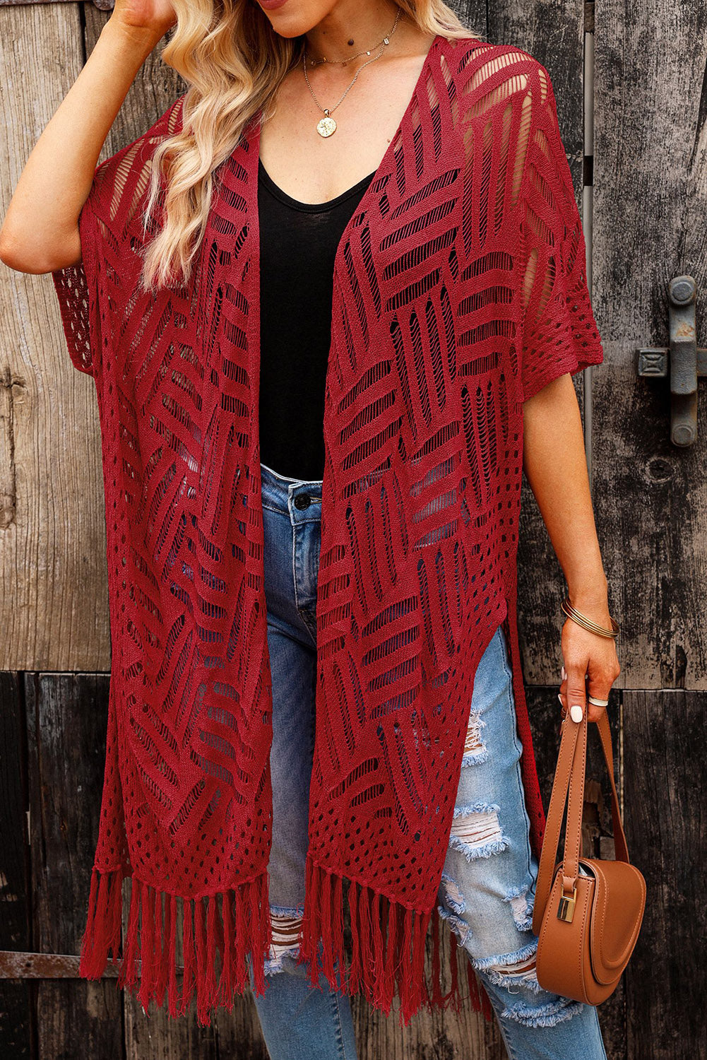 Blue Zone Planet | Openwork Open Front Cardigan with Fringes-TOPS / DRESSES-[Adult]-[Female]-Rust-One Size-2022 Online Blue Zone Planet