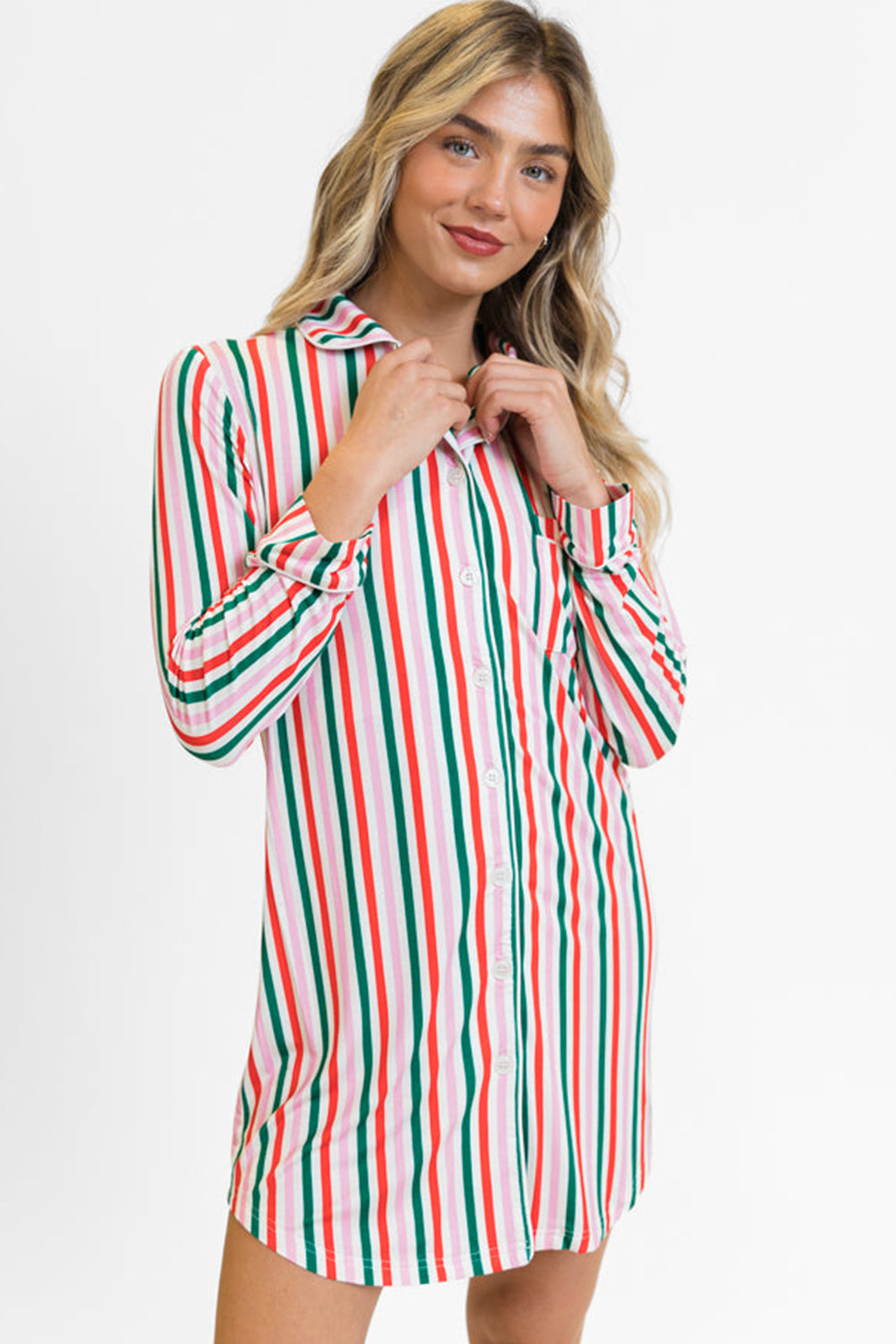 Pink Stripe Christmas Long Sleeve Shirt Style Lounge Dress-TOPS / DRESSES-[Adult]-[Female]-2022 Online Blue Zone Planet