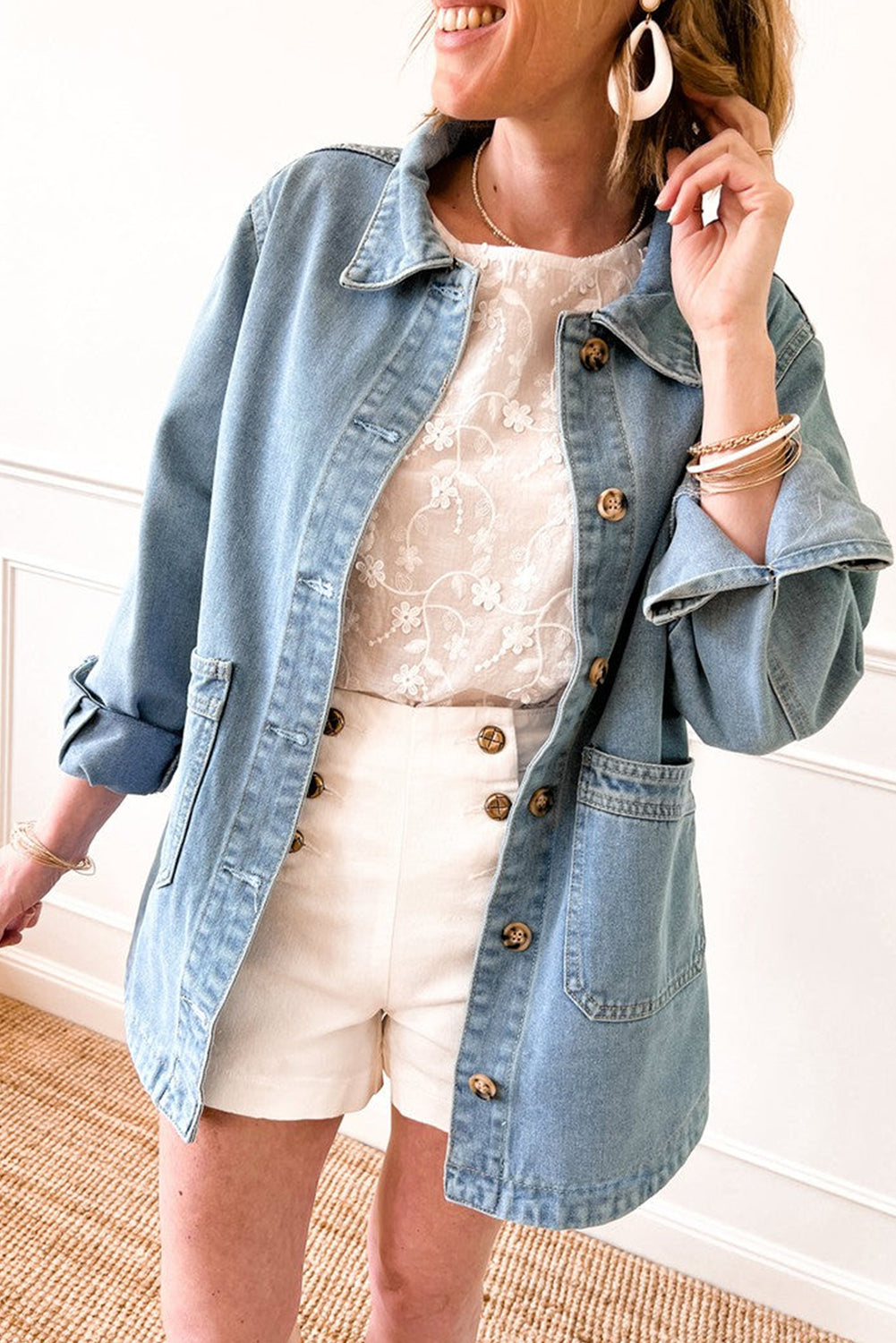 Blue Zone Planet | Dusk Blue Slit Buttons Pocketed Denim Jacket-Outerwear/Denim jackets-[Adult]-[Female]-Dusk Blue-S-2022 Online Blue Zone Planet